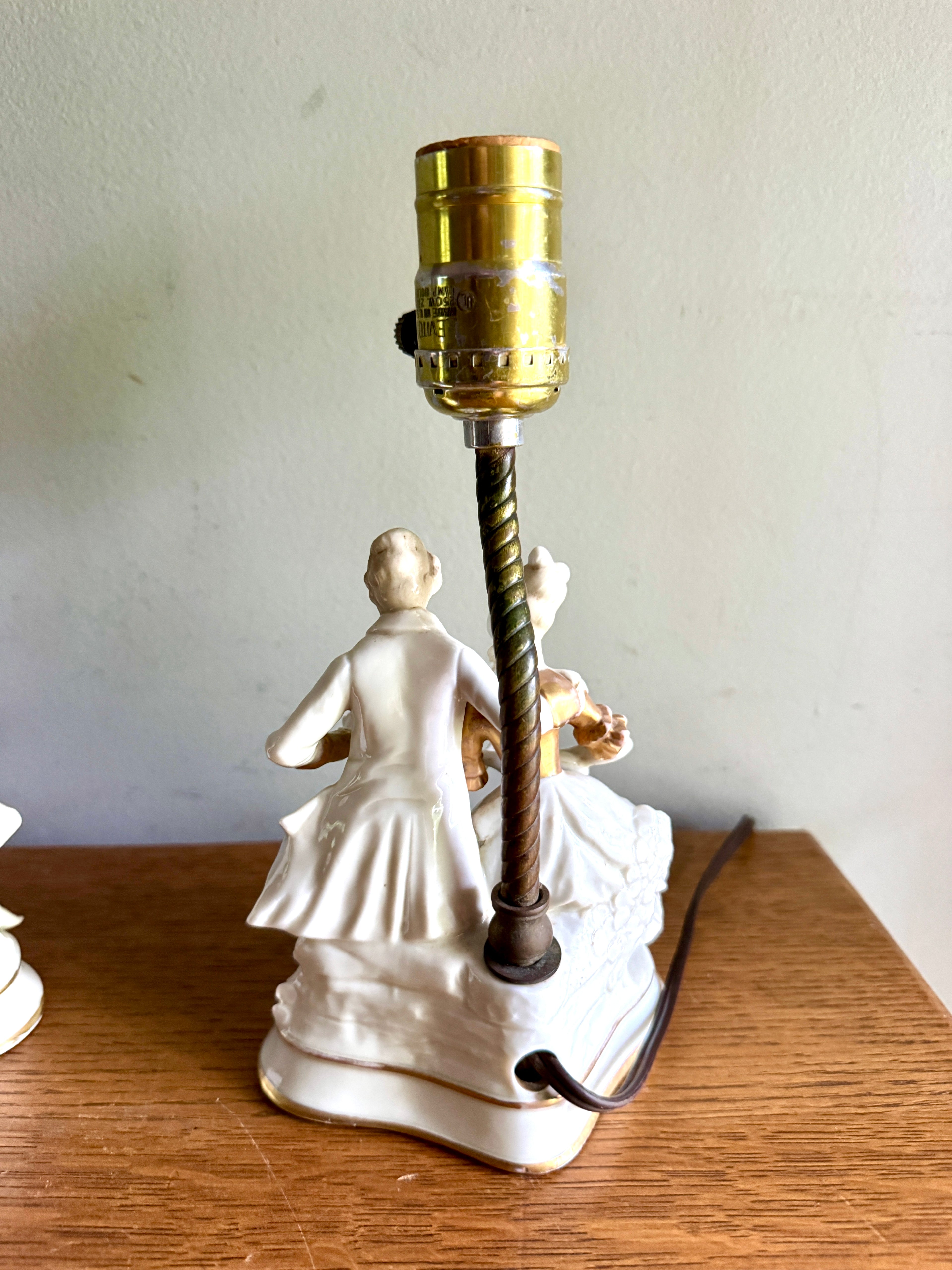 Pair of Mid-Century Porcelain Figural Table Lamp Courting Couples ~ Ceramic Courting Couple Boudoir Lamps
