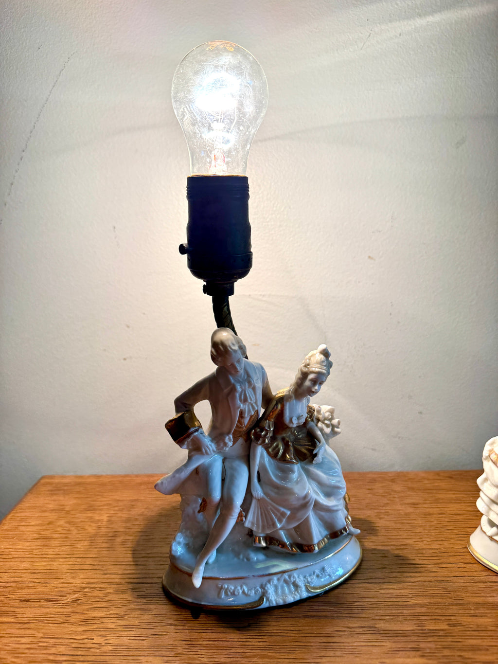 Pair of Mid-Century Porcelain Figural Table Lamp Courting Couples ~ Ceramic Courting Couple Boudoir Lamps