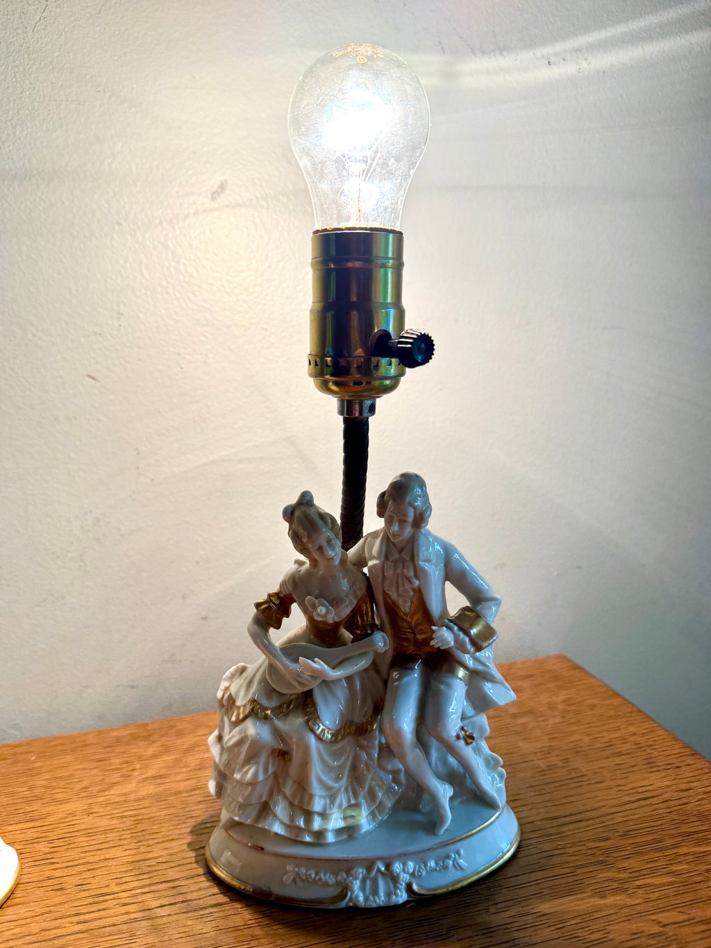 Pair of Mid-Century Porcelain Figural Table Lamp Courting Couples ~ Ceramic Courting Couple Boudoir Lamps