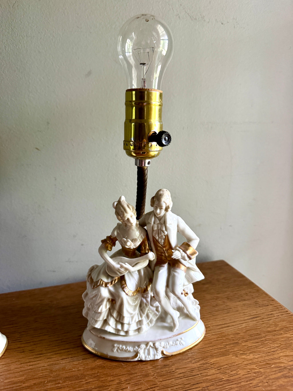 Pair of Mid-Century Porcelain Figural Table Lamp Courting Couples ~ Ceramic Courting Couple Boudoir Lamps