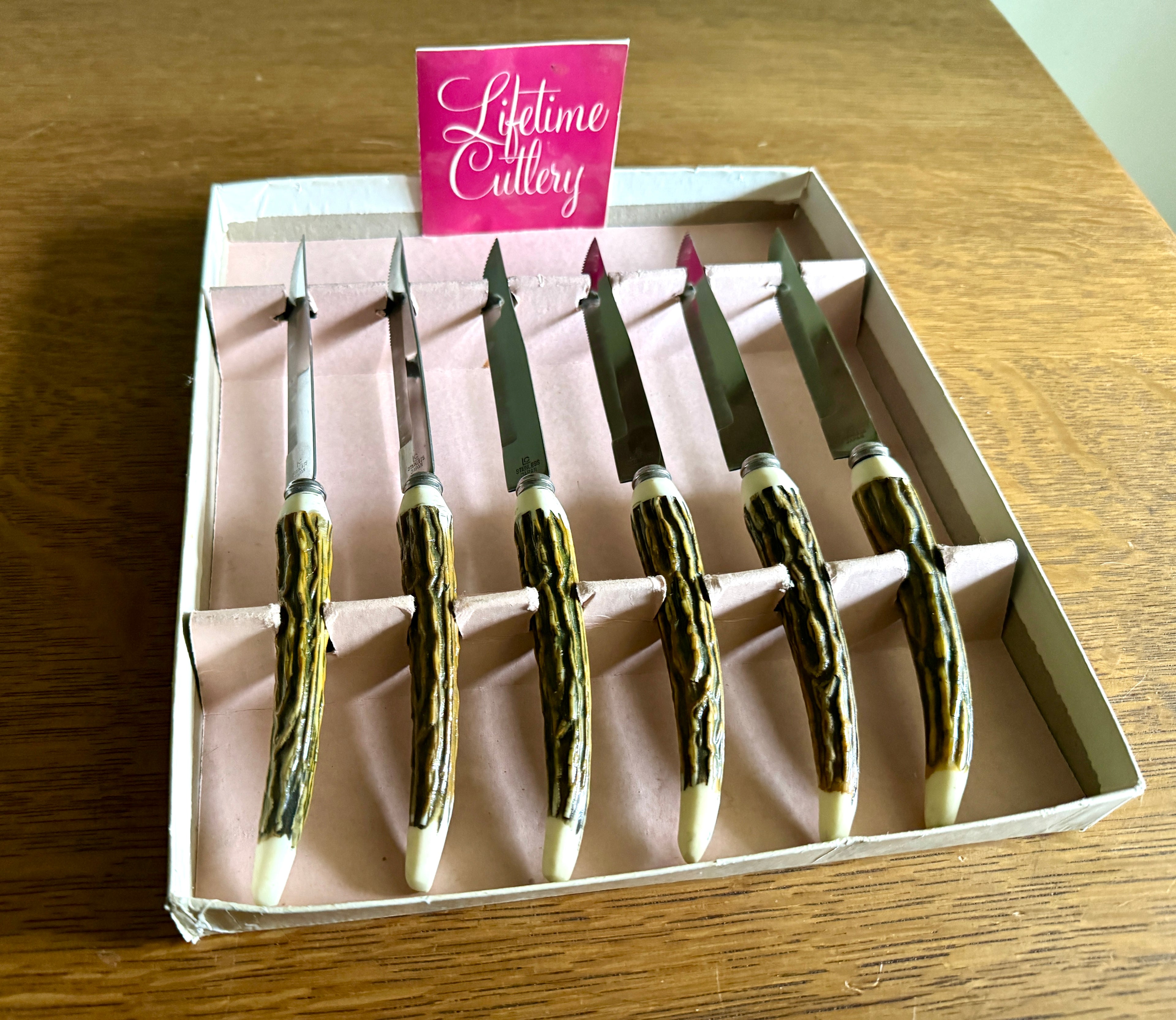 Set 6 Vtg Lifetime Cutlery Stainless Steel Japan Steak Knifes ~ Faux Stag Horn Antler Handle Knifes