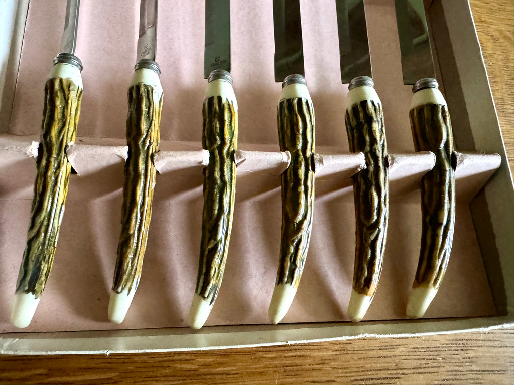 Set 6 Vtg Lifetime Cutlery Stainless Steel Japan Steak Knifes ~ Faux Stag Horn Antler Handle Knifes