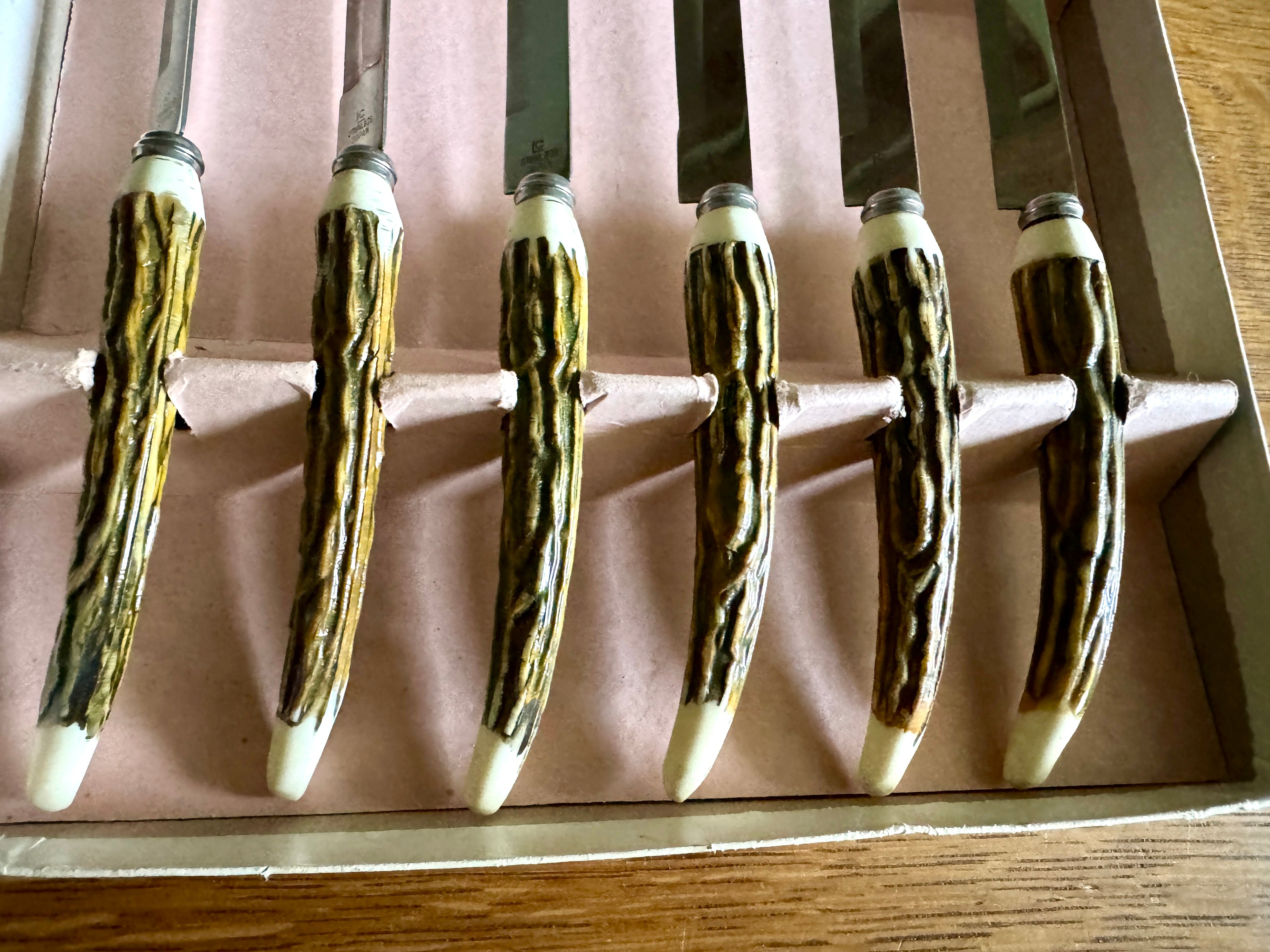 Set 6 Vtg Lifetime Cutlery Stainless Steel Japan Steak Knifes ~ Faux Stag Horn Antler Handle Knifes