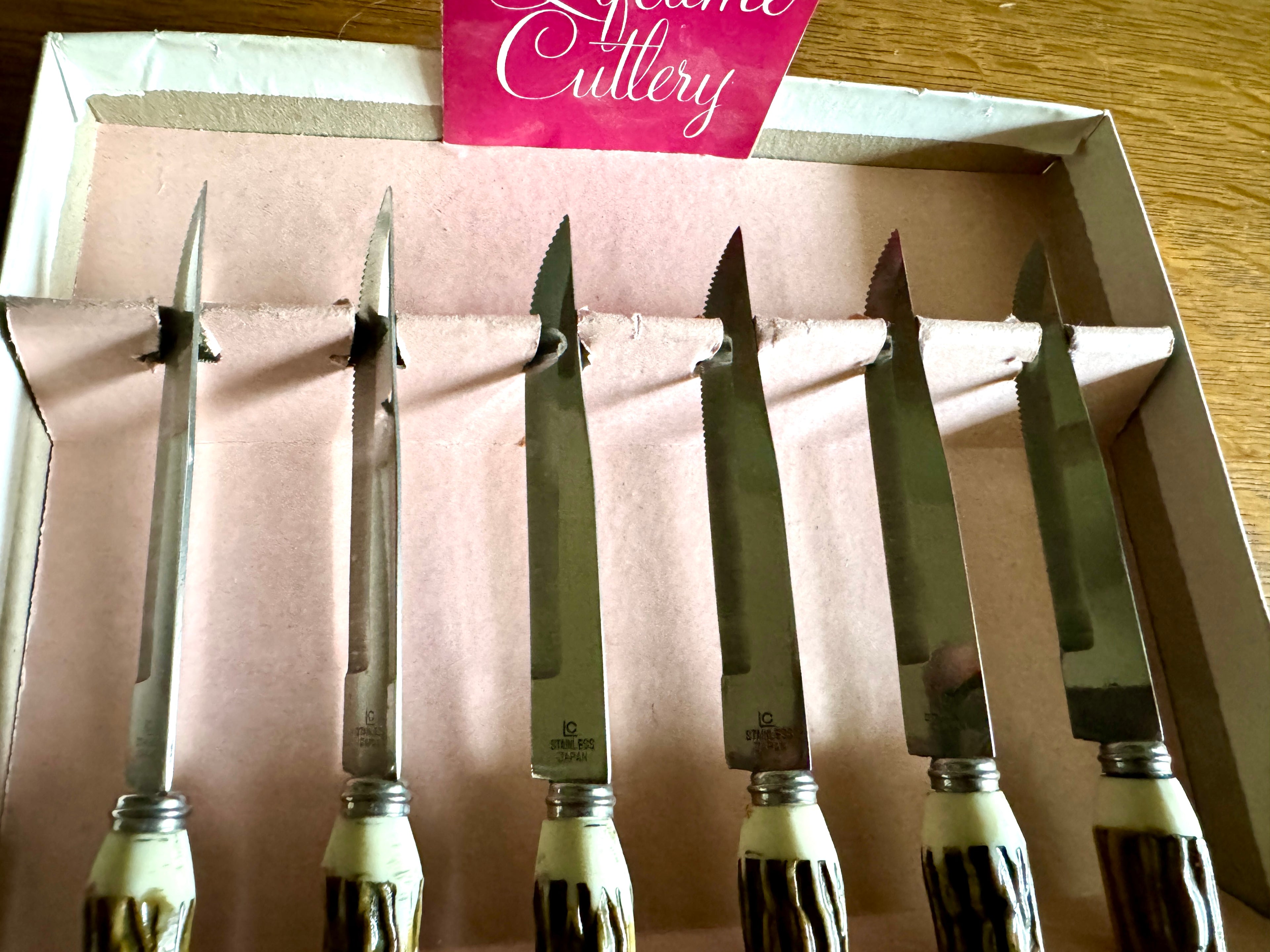 Set 6 Vtg Lifetime Cutlery Stainless Steel Japan Steak Knifes ~ Faux Stag Horn Antler Handle Knifes