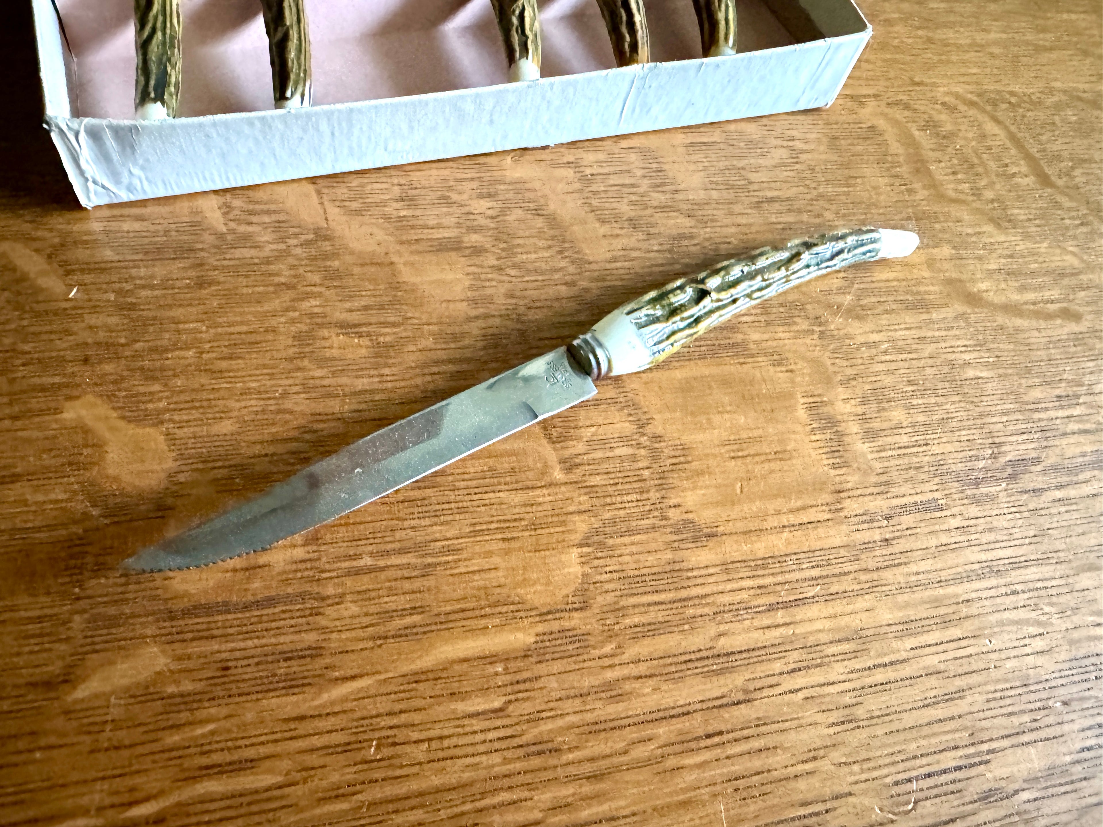 Set 6 Vtg Lifetime Cutlery Stainless Steel Japan Steak Knifes ~ Faux Stag Horn Antler Handle Knifes