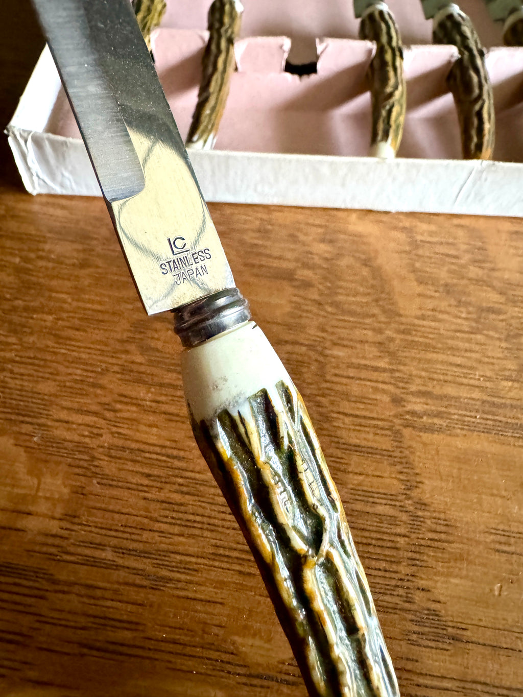 Set 6 Vtg Lifetime Cutlery Stainless Steel Japan Steak Knifes ~ Faux Stag Horn Antler Handle Knifes