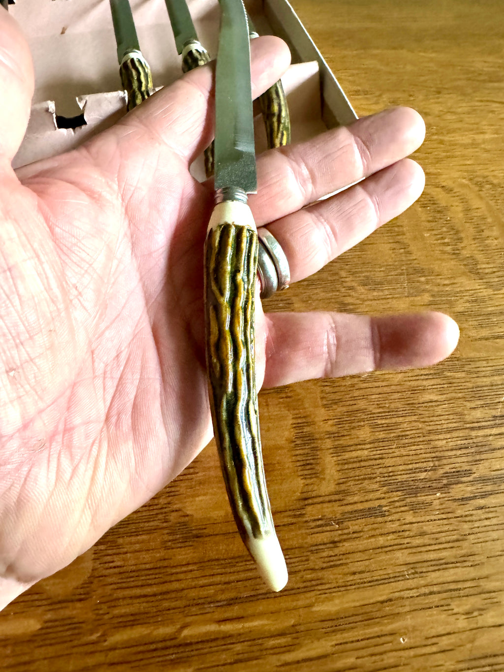 Set 6 Vtg Lifetime Cutlery Stainless Steel Japan Steak Knifes ~ Faux Stag Horn Antler Handle Knifes