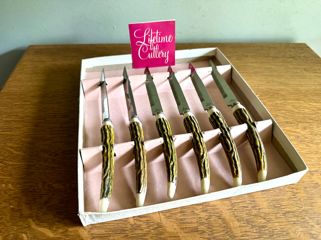 Set 6 Vtg Lifetime Cutlery Stainless Steel Japan Steak Knifes ~ Faux Stag Horn Antler Handle Knifes