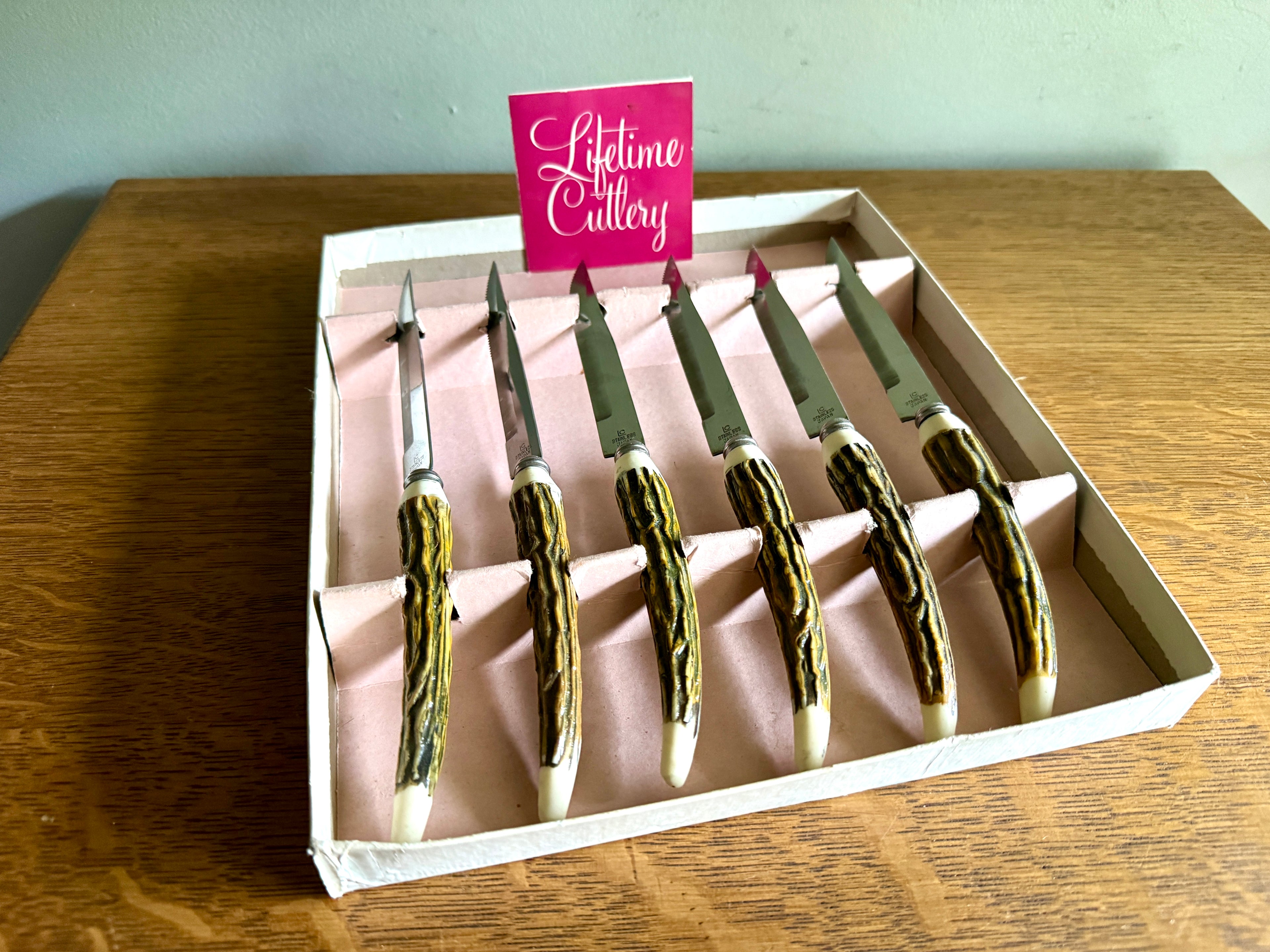 Set 6 Vtg Lifetime Cutlery Stainless Steel Japan Steak Knifes ~ Faux Stag Horn Antler Handle Knifes