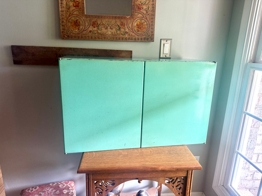 1950'S AQUA / TURQUOISE MCM Metal Wall Cabinet ~ Distressed Aqua Wall Cabinet