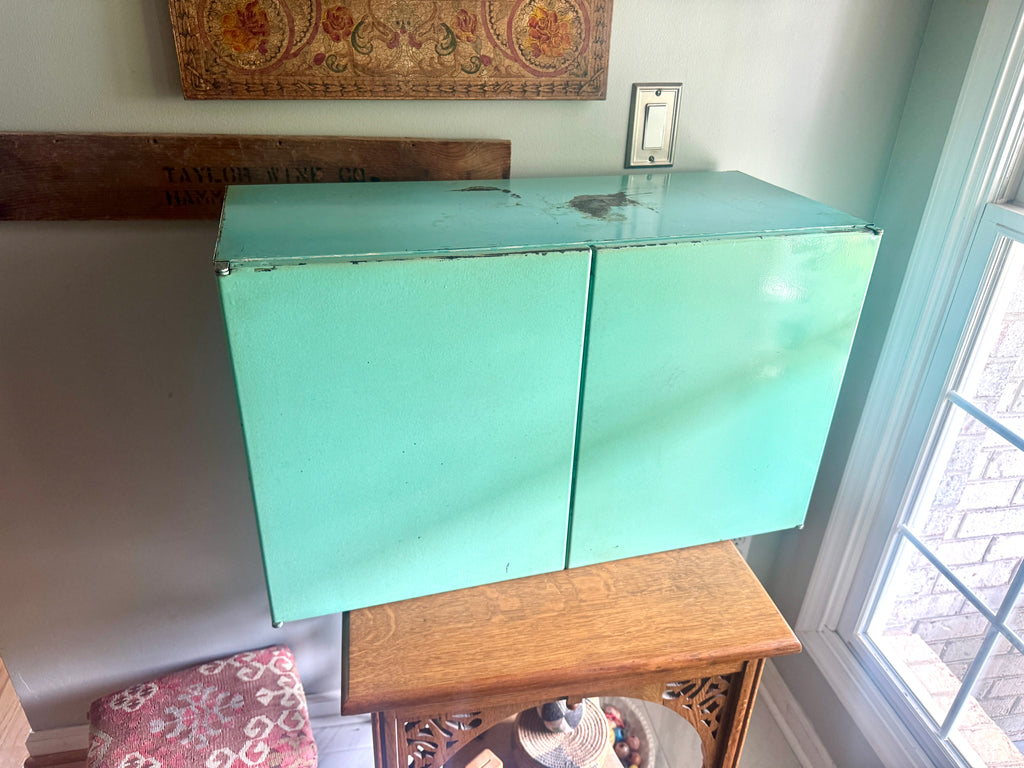 1950'S AQUA / TURQUOISE MCM Metal Wall Cabinet ~ Distressed Aqua Wall Cabinet