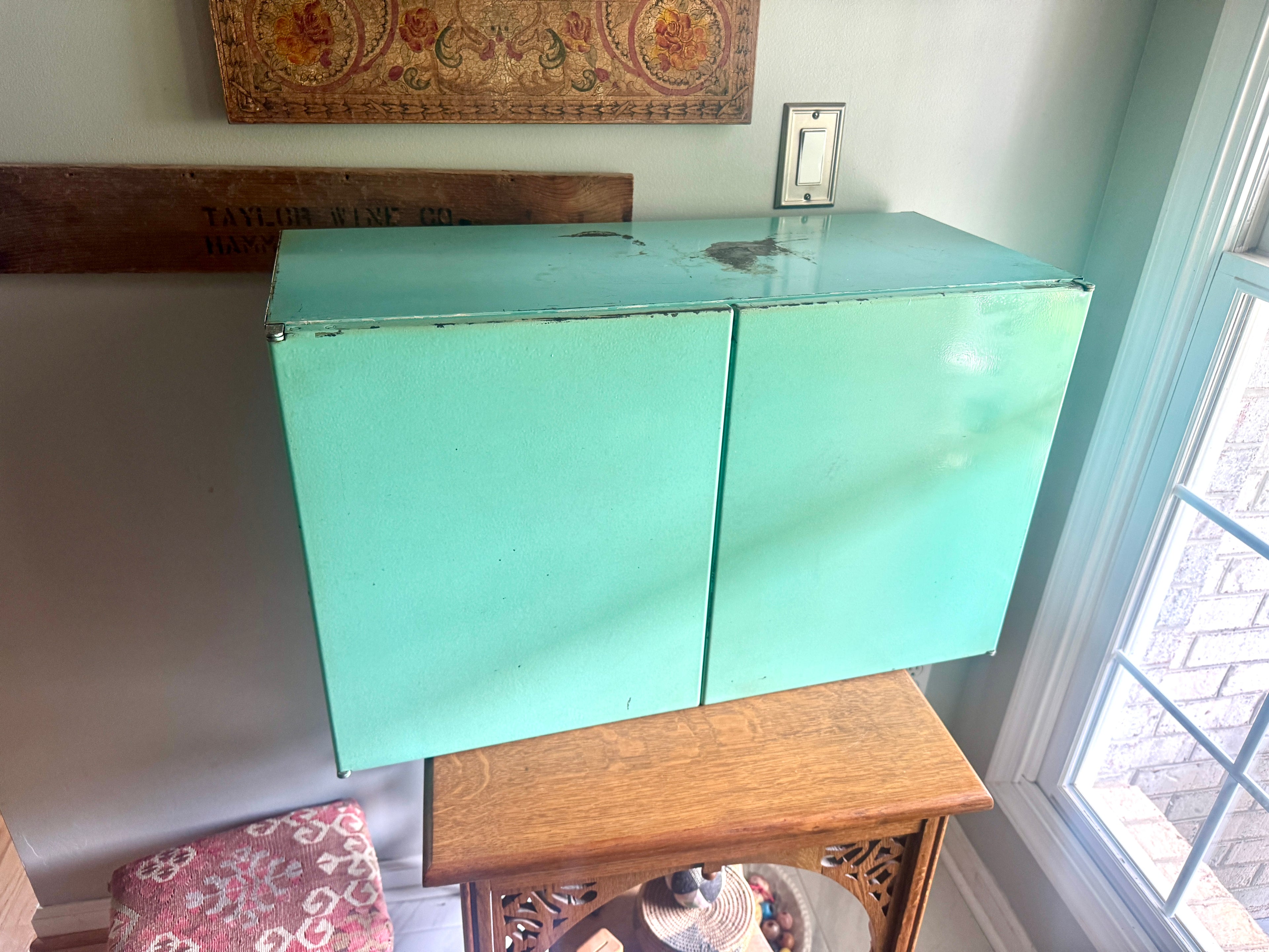 1950'S AQUA / TURQUOISE MCM Metal Wall Cabinet ~ Distressed Aqua Wall Cabinet