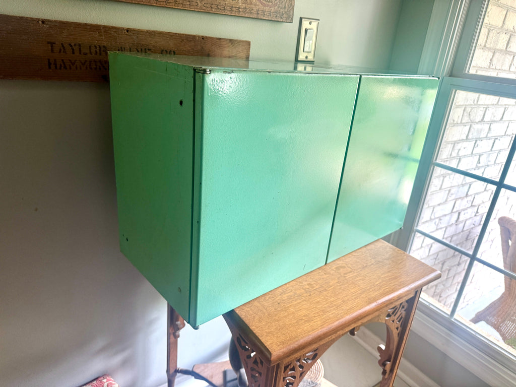 1950'S AQUA / TURQUOISE MCM Metal Wall Cabinet ~ Distressed Aqua Wall Cabinet