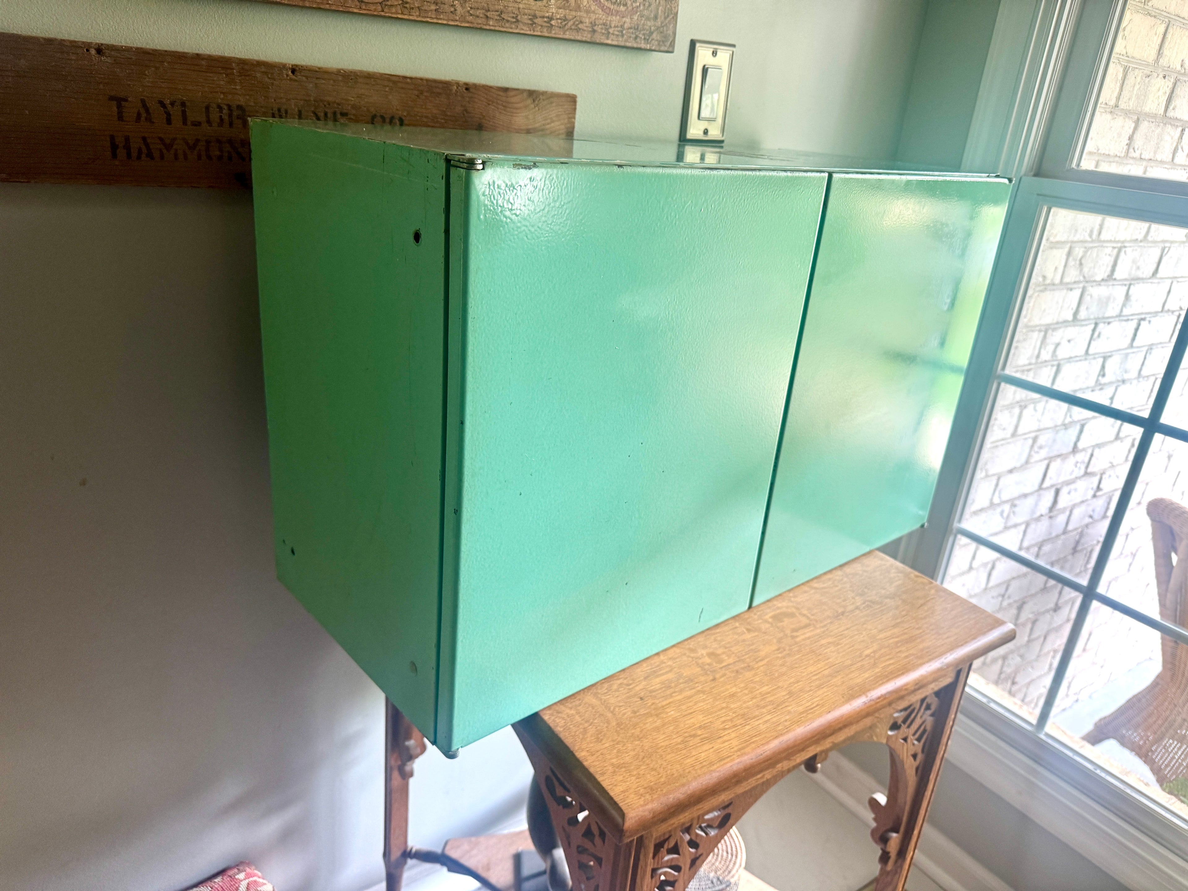 1950'S AQUA / TURQUOISE MCM Metal Wall Cabinet ~ Distressed Aqua Wall Cabinet