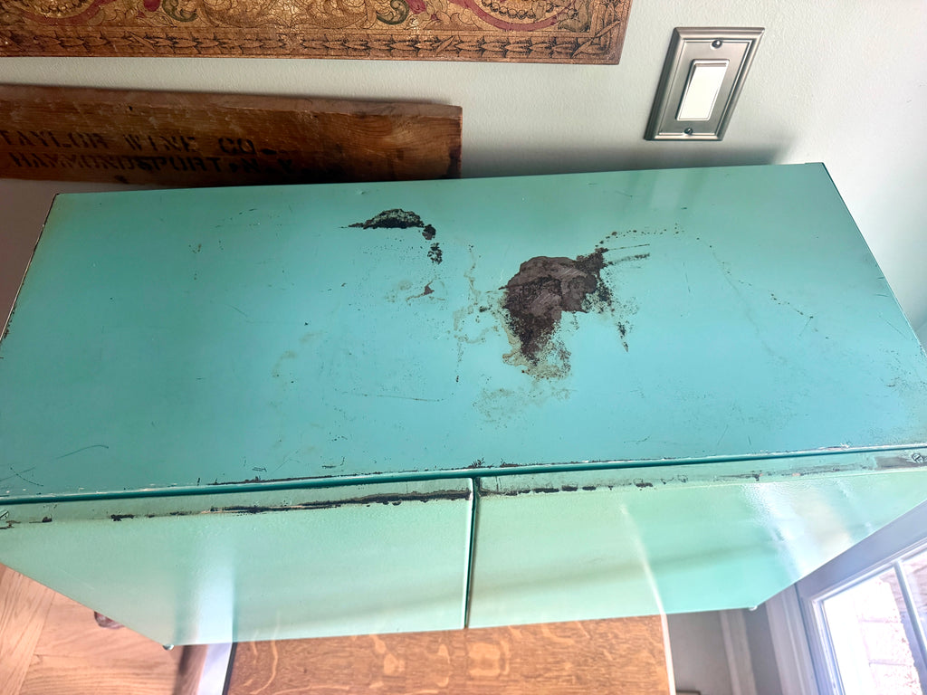 1950'S AQUA / TURQUOISE MCM Metal Wall Cabinet ~ Distressed Aqua Wall Cabinet