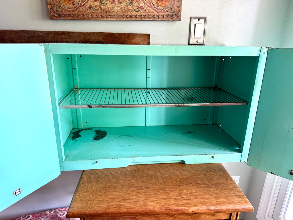 1950'S AQUA / TURQUOISE MCM Metal Wall Cabinet ~ Distressed Aqua Wall Cabinet