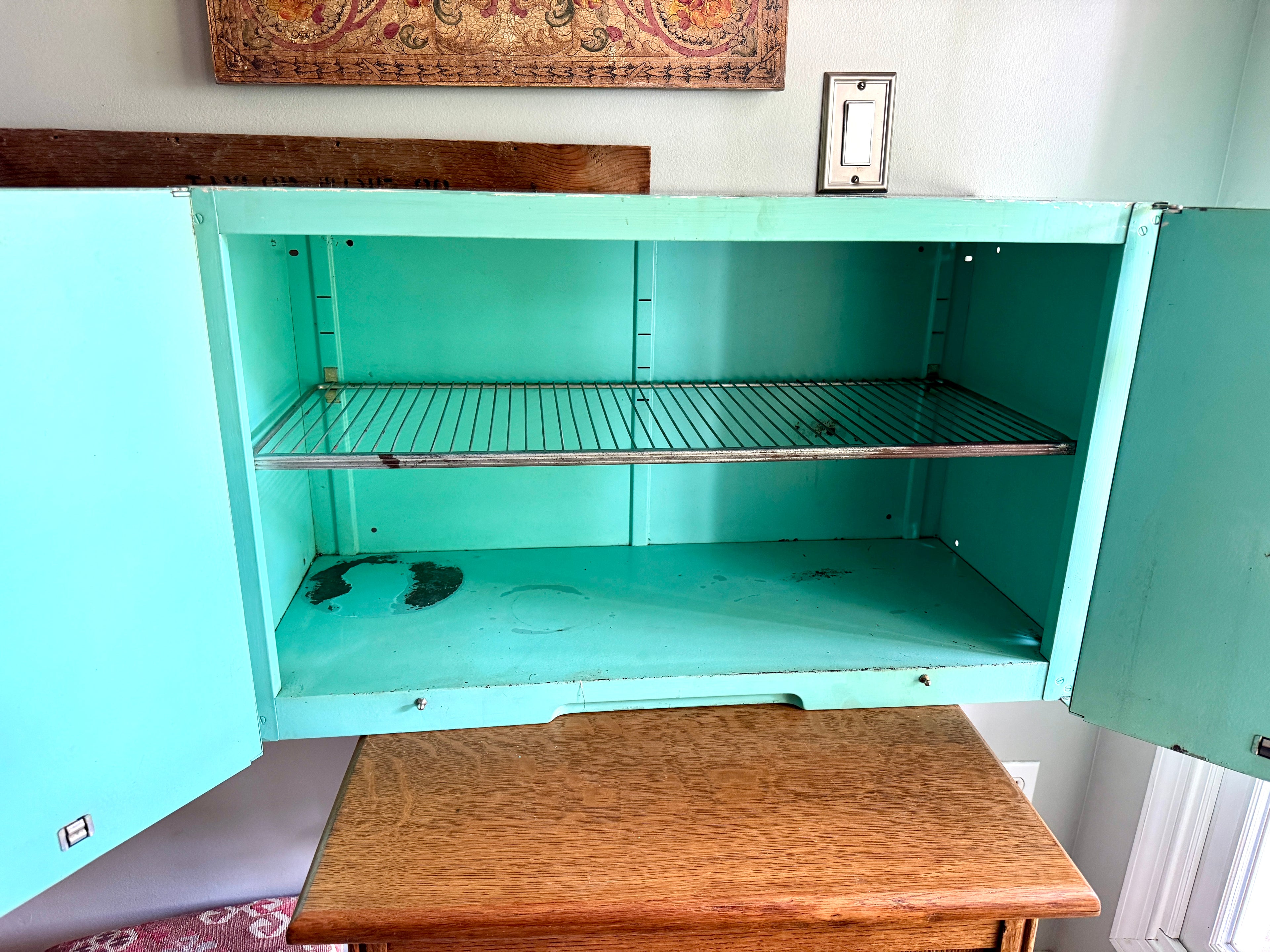 1950'S AQUA / TURQUOISE MCM Metal Wall Cabinet ~ Distressed Aqua Wall Cabinet