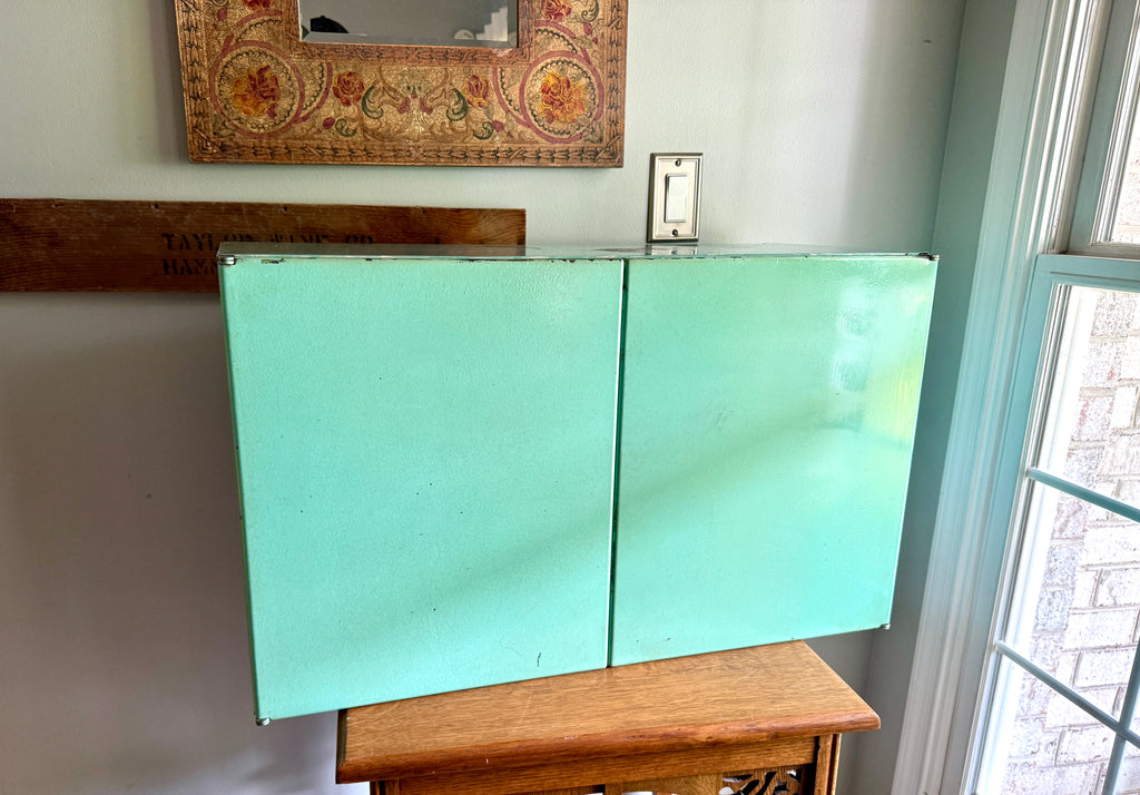 1950'S AQUA / TURQUOISE MCM Metal Wall Cabinet ~ Distressed Aqua Wall Cabinet