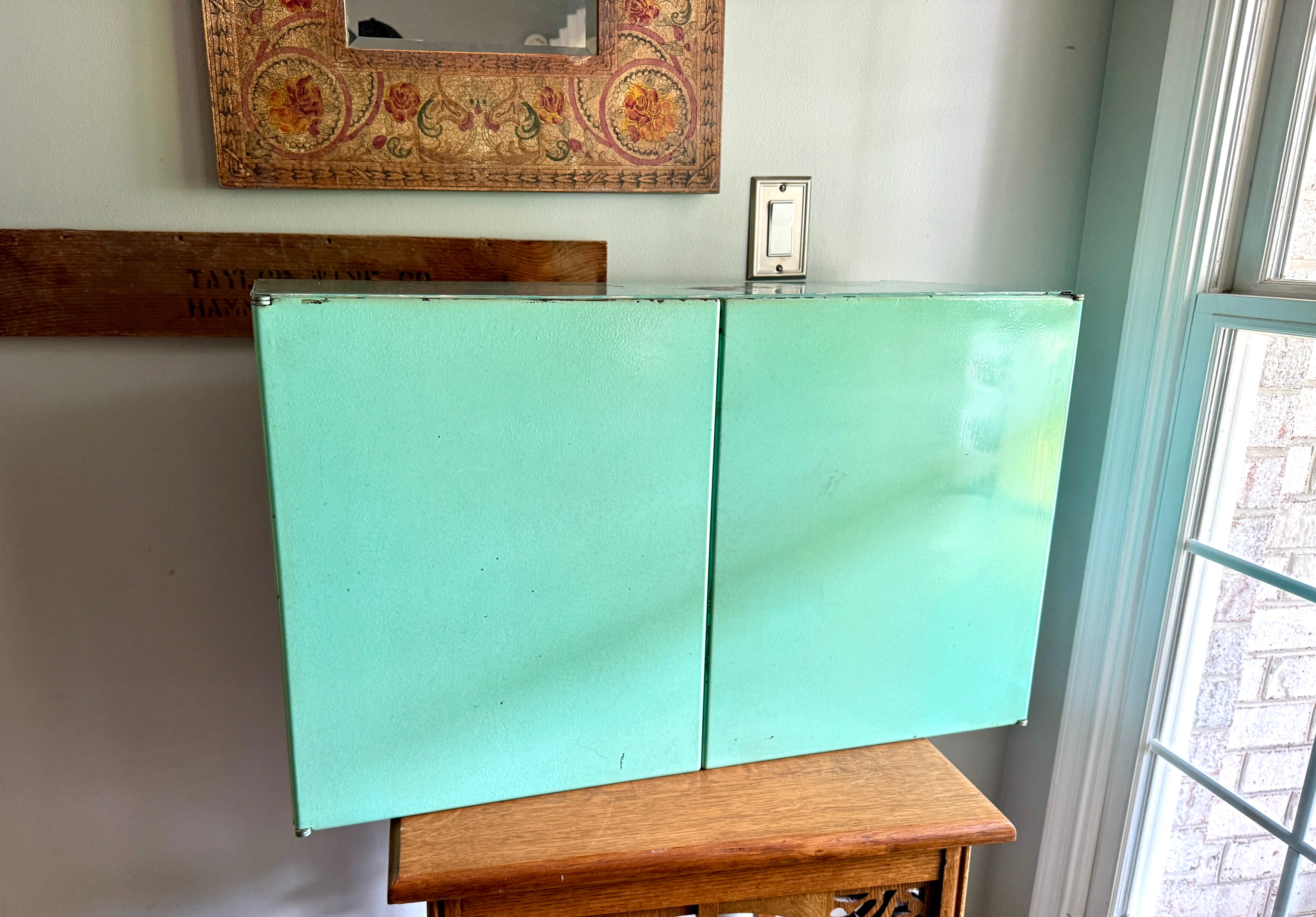 1950'S AQUA / TURQUOISE MCM Metal Wall Cabinet ~ Distressed Aqua Wall Cabinet