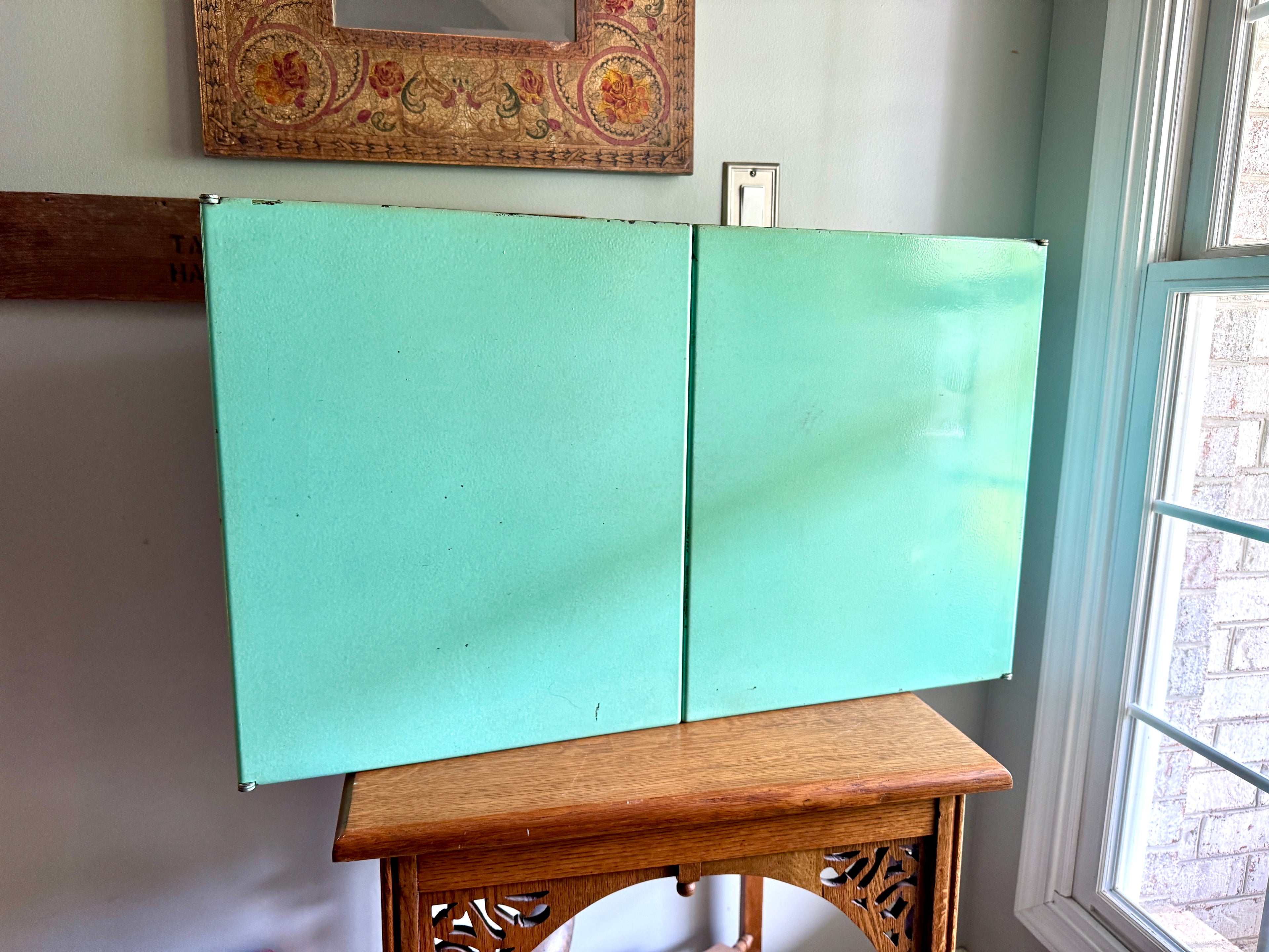 1950'S AQUA / TURQUOISE MCM Metal Wall Cabinet ~ Distressed Aqua Wall Cabinet