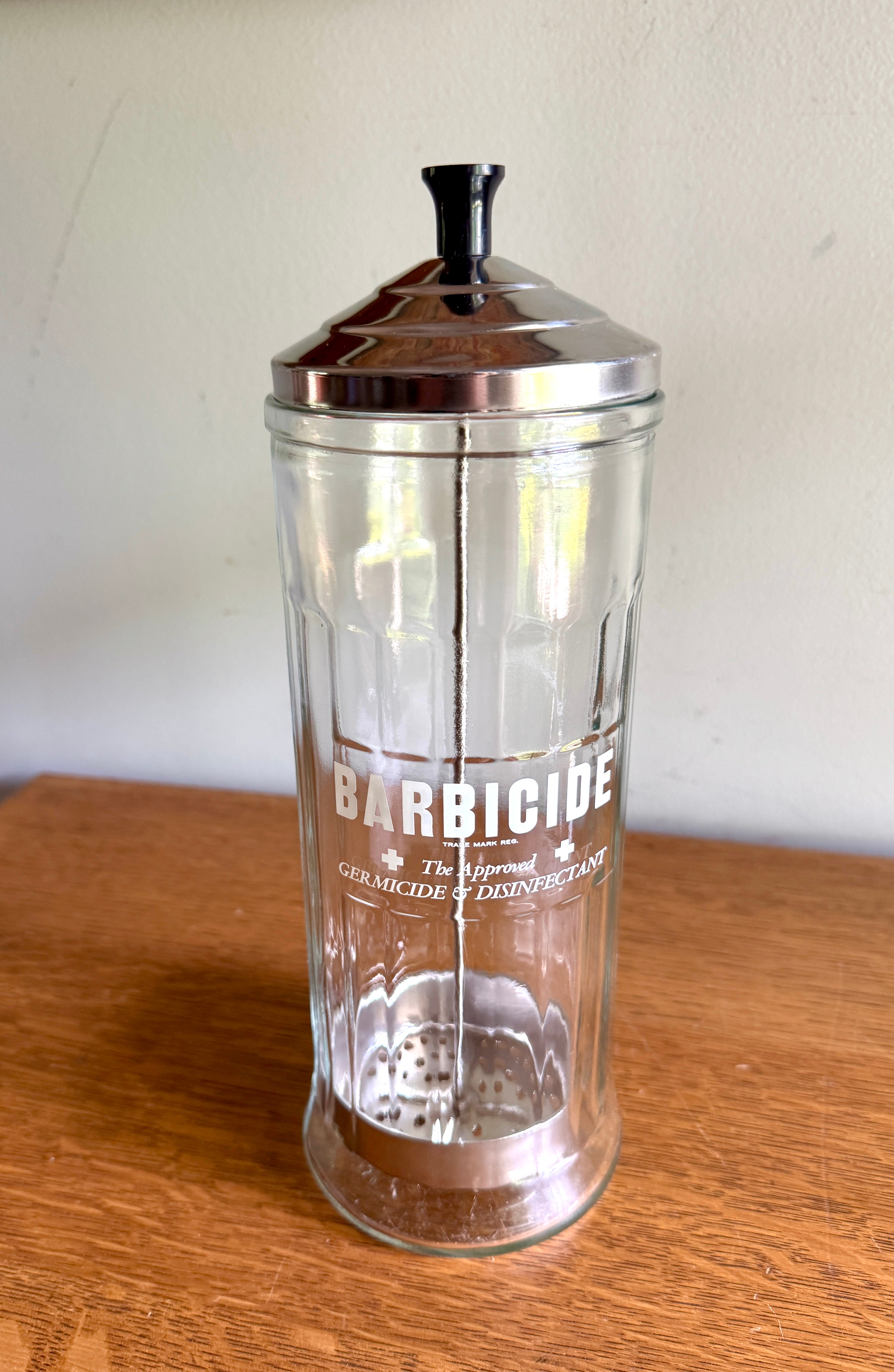 1970's Vtg Barber Shop Disinfectant Barbicide Germicide Disinfectant Sterilizer Glass Jar with Lid