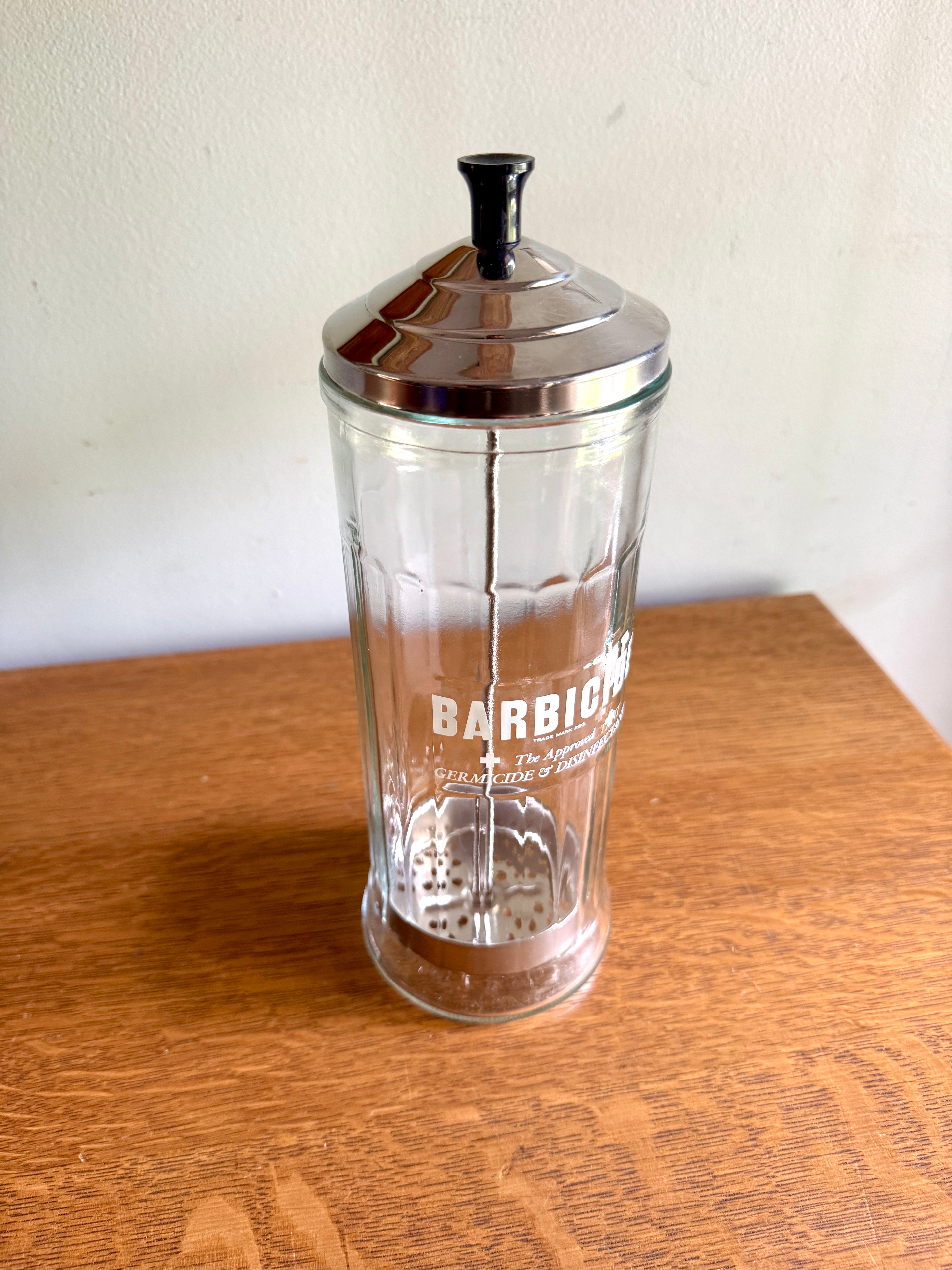 1970's Vtg Barber Shop Disinfectant Barbicide Germicide Disinfectant Sterilizer Glass Jar with Lid