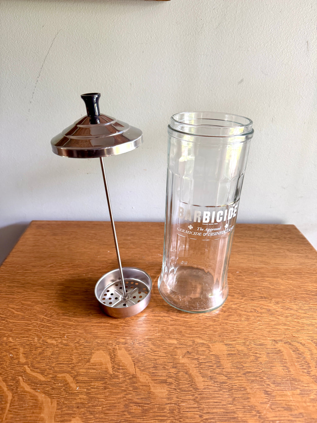1970's Vtg Barber Shop Disinfectant Barbicide Germicide Disinfectant Sterilizer Glass Jar with Lid