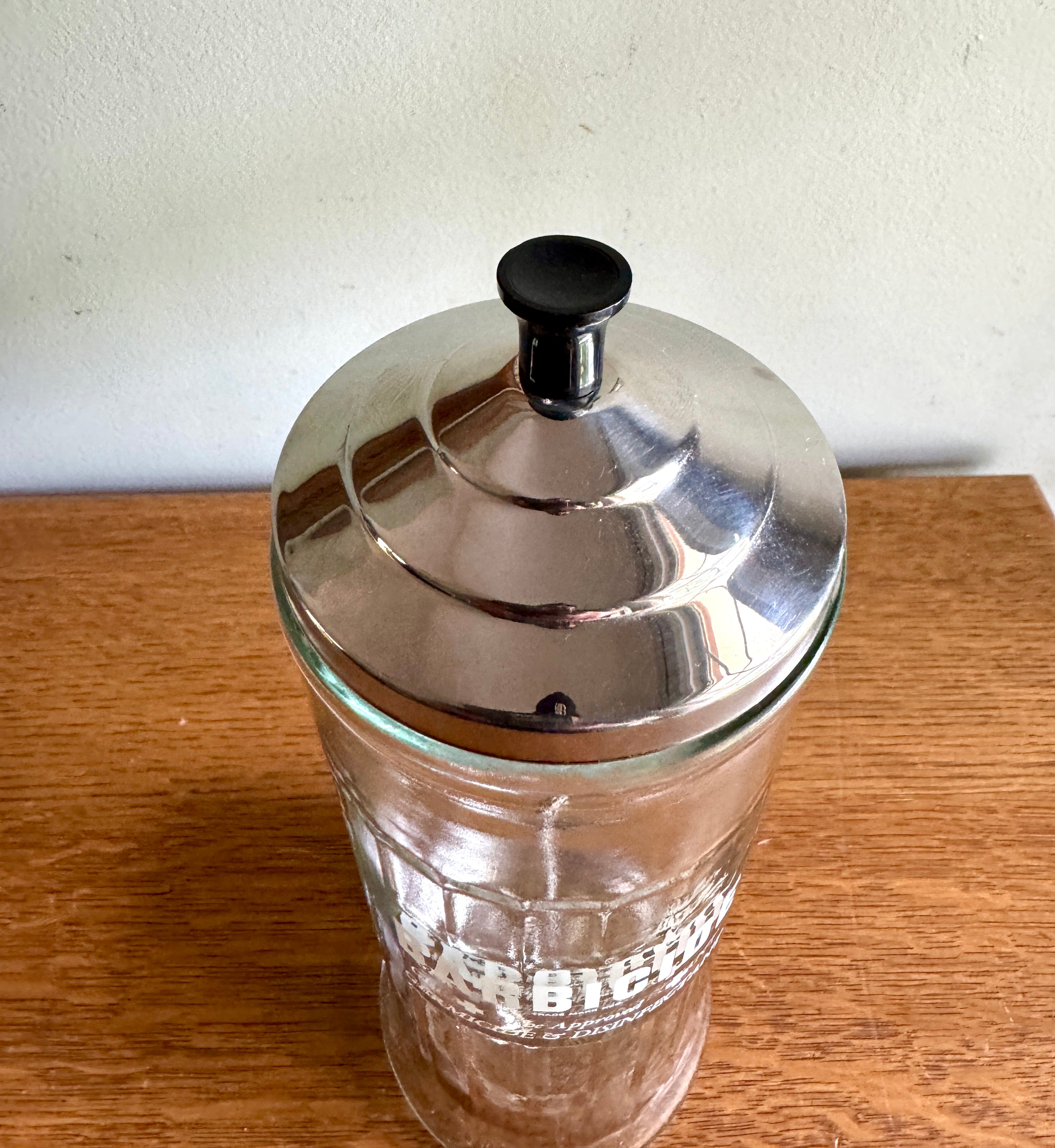 1970's Vtg Barber Shop Disinfectant Barbicide Germicide Disinfectant Sterilizer Glass Jar with Lid