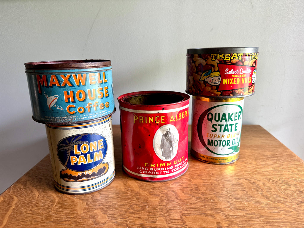 Vtg Lot of 5 Advertisement Tins ~ Prince Albert, Lone Balm, Quaker State, Maxwell House & Mixed Nuts Tins