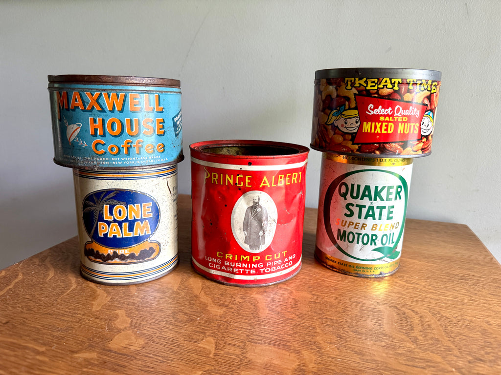 Vtg Lot of 5 Advertisement Tins ~ Prince Albert, Lone Balm, Quaker State, Maxwell House & Mixed Nuts Tins