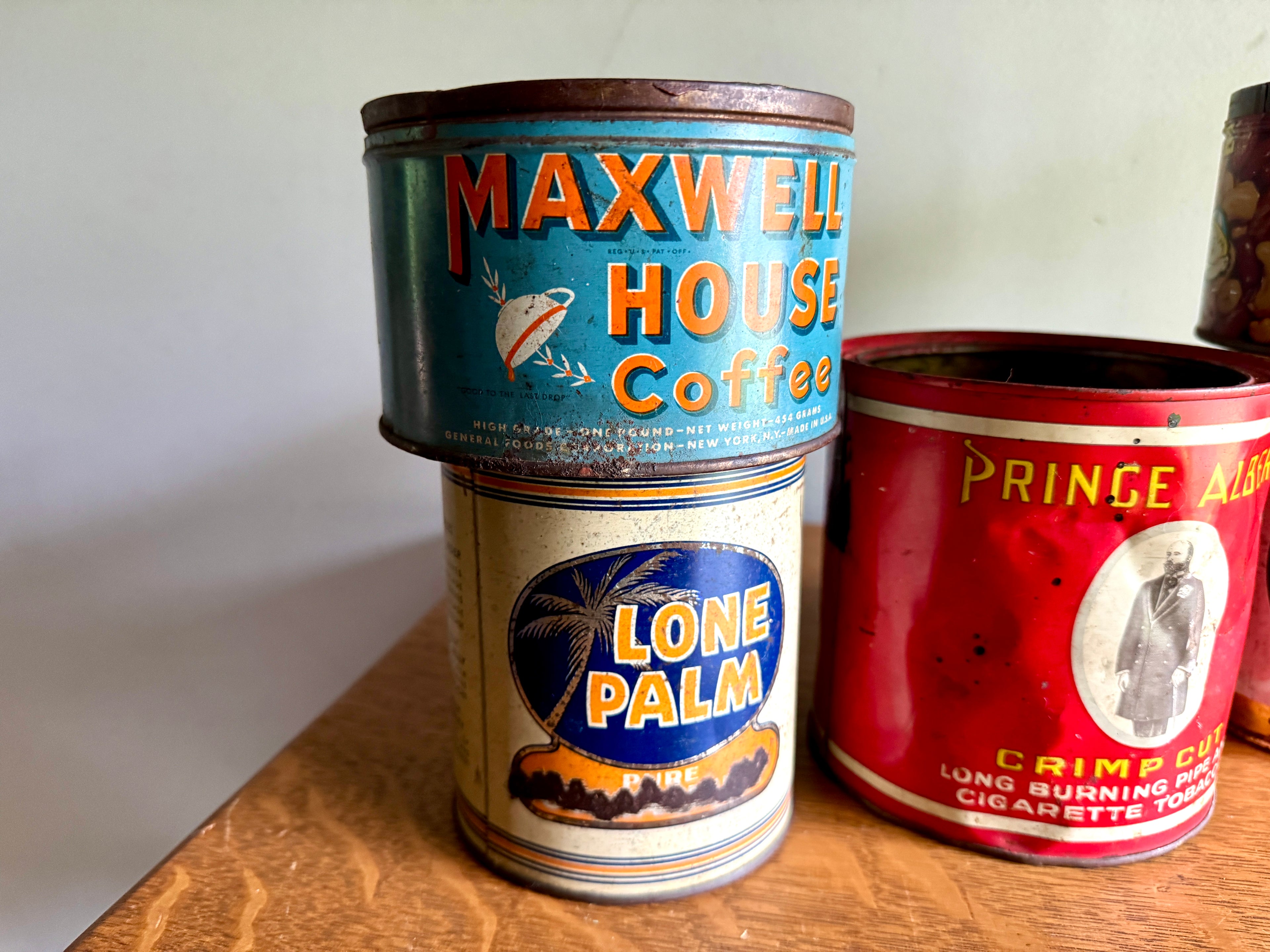 Vtg Lot of 5 Advertisement Tins ~ Prince Albert, Lone Balm, Quaker State, Maxwell House & Mixed Nuts Tins