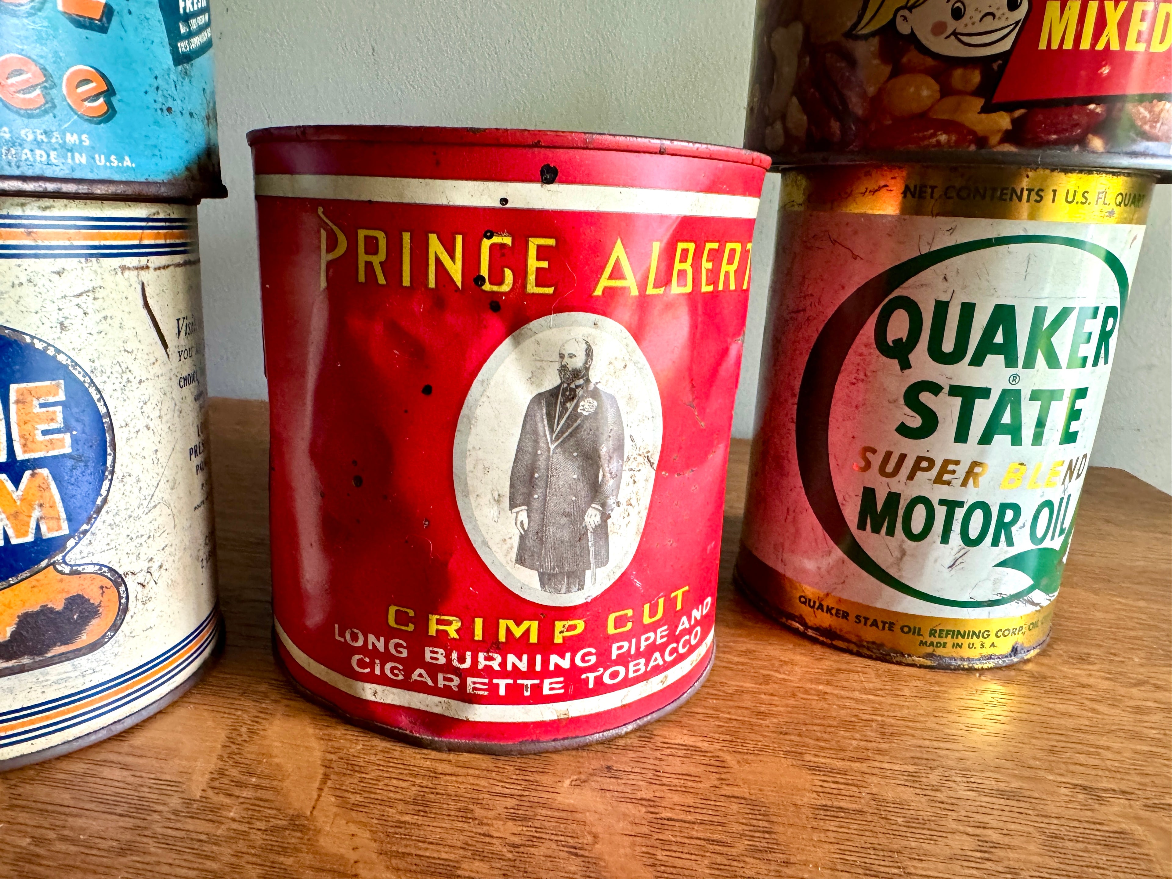 Vtg Lot of 5 Advertisement Tins ~ Prince Albert, Lone Balm, Quaker State, Maxwell House & Mixed Nuts Tins