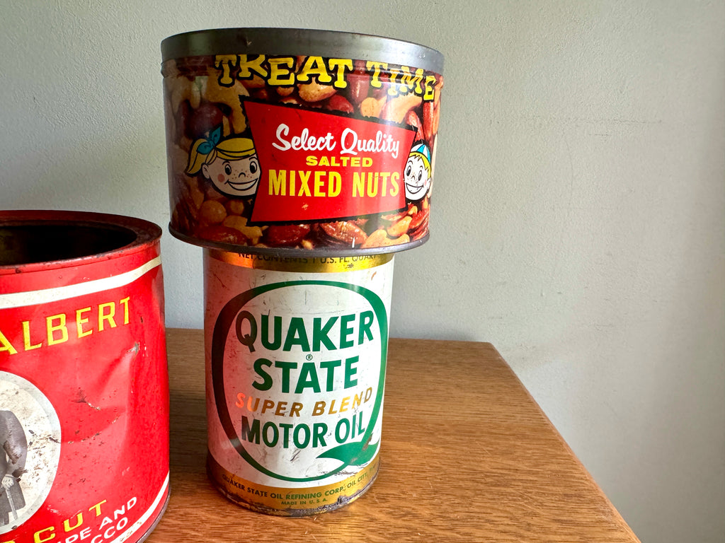 Vtg Lot of 5 Advertisement Tins ~ Prince Albert, Lone Balm, Quaker State, Maxwell House & Mixed Nuts Tins