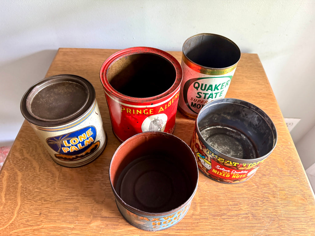 Vtg Lot of 5 Advertisement Tins ~ Prince Albert, Lone Balm, Quaker State, Maxwell House & Mixed Nuts Tins