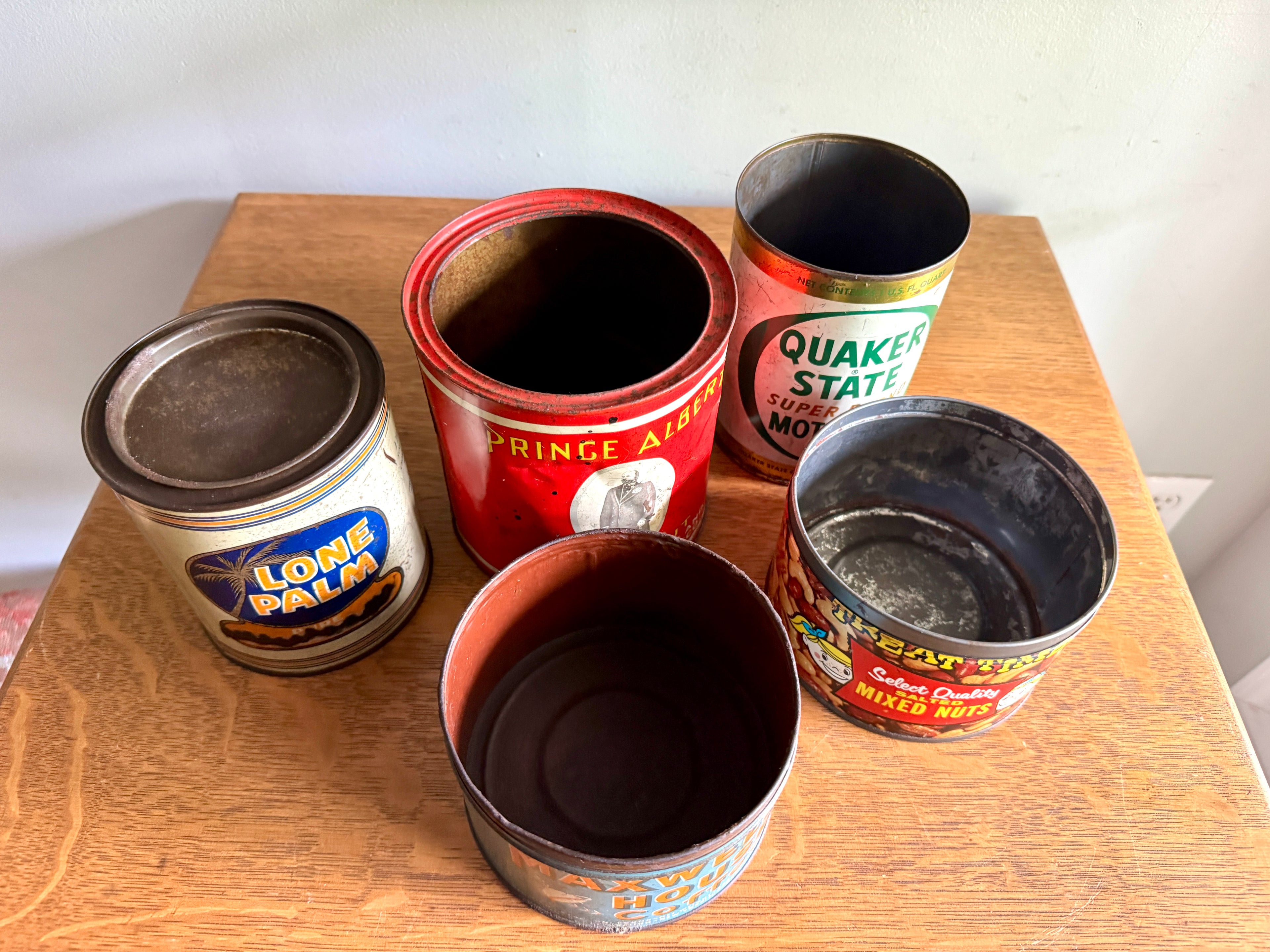 Vtg Lot of 5 Advertisement Tins ~ Prince Albert, Lone Balm, Quaker State, Maxwell House & Mixed Nuts Tins