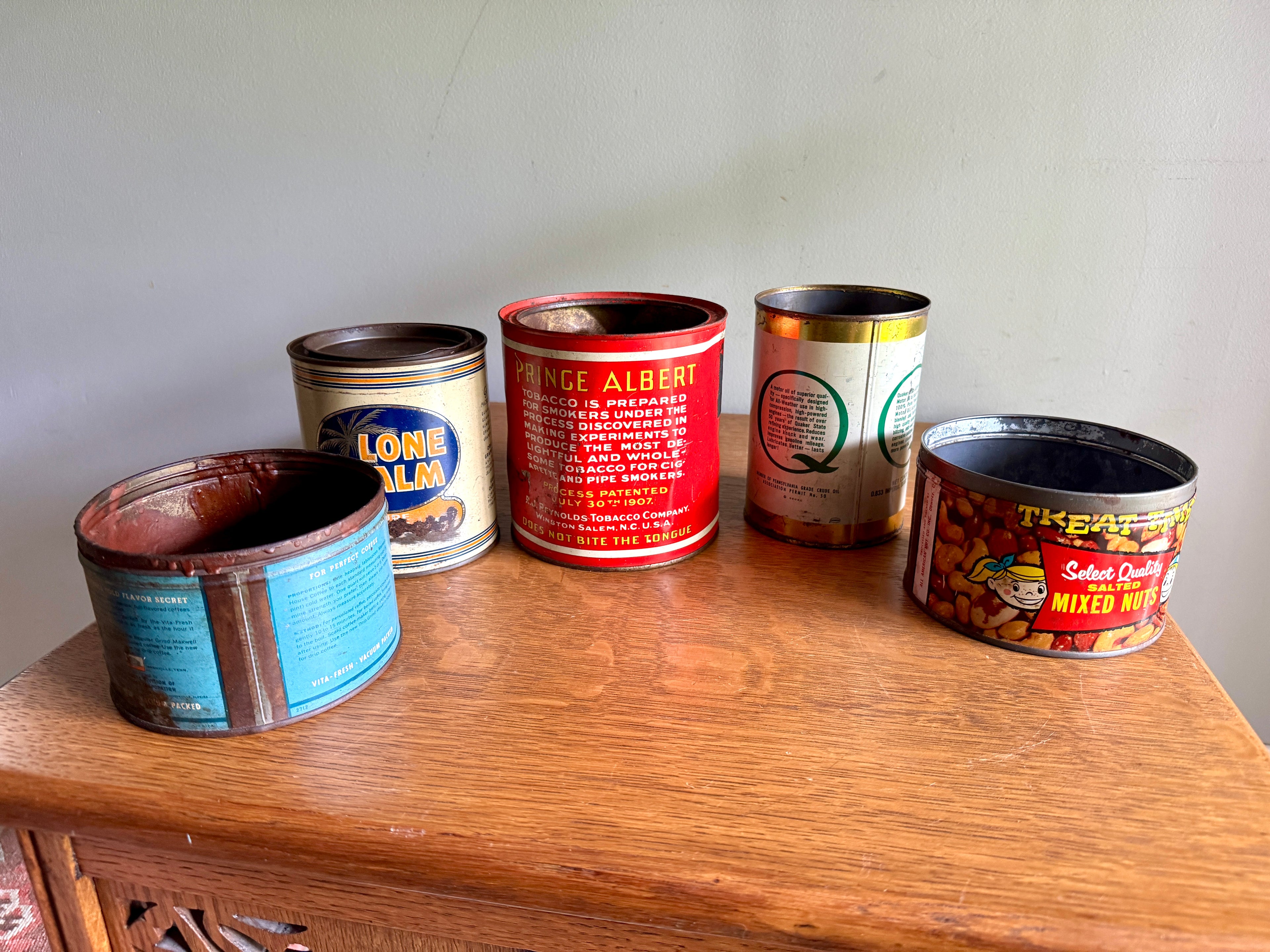 Vtg Lot of 5 Advertisement Tins ~ Prince Albert, Lone Balm, Quaker State, Maxwell House & Mixed Nuts Tins