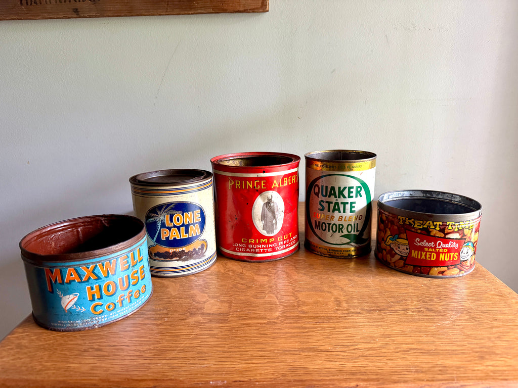 Vtg Lot of 5 Advertisement Tins ~ Prince Albert, Lone Balm, Quaker State, Maxwell House & Mixed Nuts Tins
