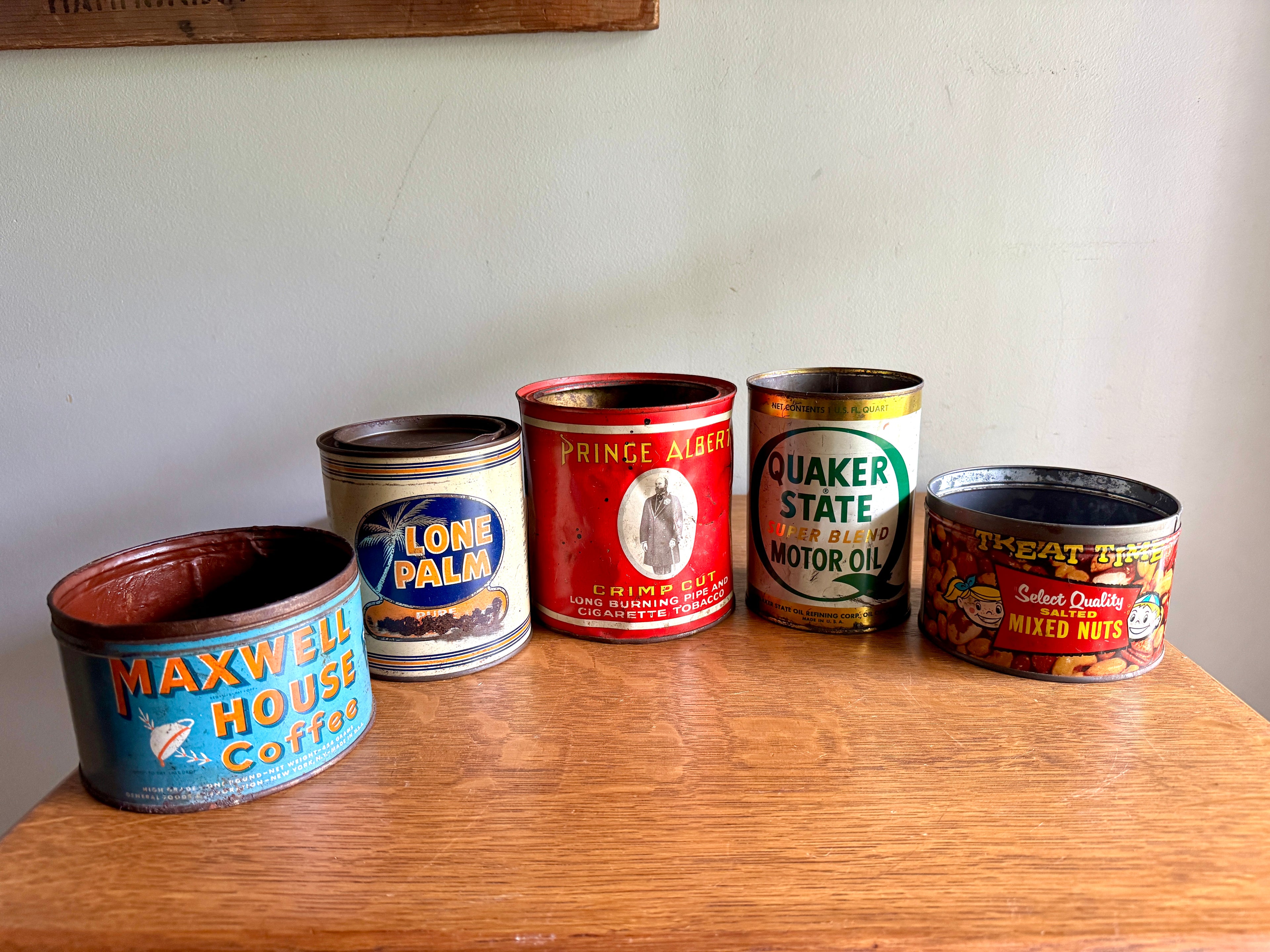 Vtg Lot of 5 Advertisement Tins ~ Prince Albert, Lone Balm, Quaker State, Maxwell House & Mixed Nuts Tins