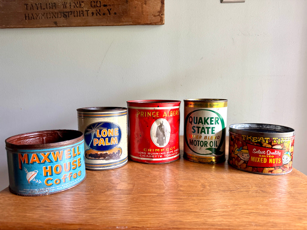 Vtg Lot of 5 Advertisement Tins ~ Prince Albert, Lone Balm, Quaker State, Maxwell House & Mixed Nuts Tins