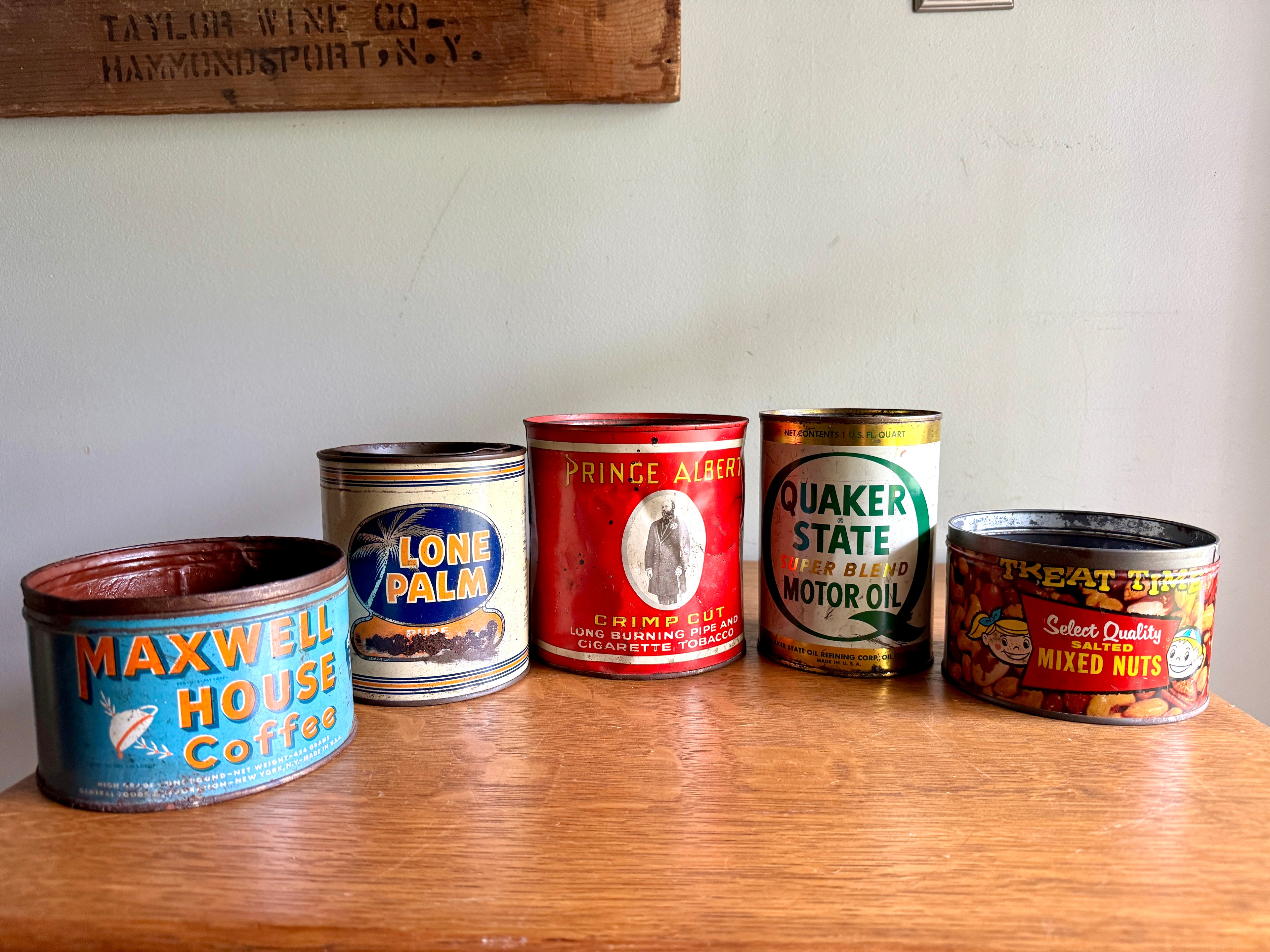 Vtg Lot of 5 Advertisement Tins ~ Prince Albert, Lone Balm, Quaker State, Maxwell House & Mixed Nuts Tins