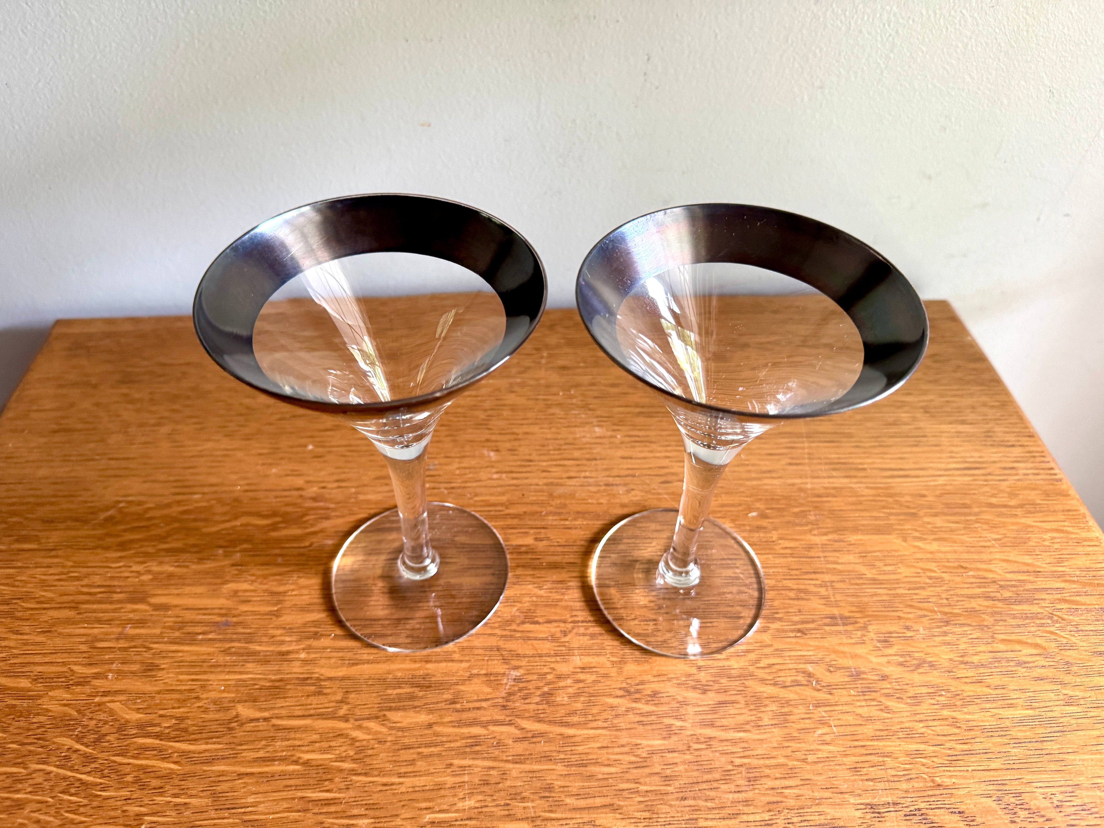 Vtg Pair of Silver Band Champagne/Tall Sherbet by Dorothy Thorpe ~ MCM Dorothy Thorpe Martini Glasses