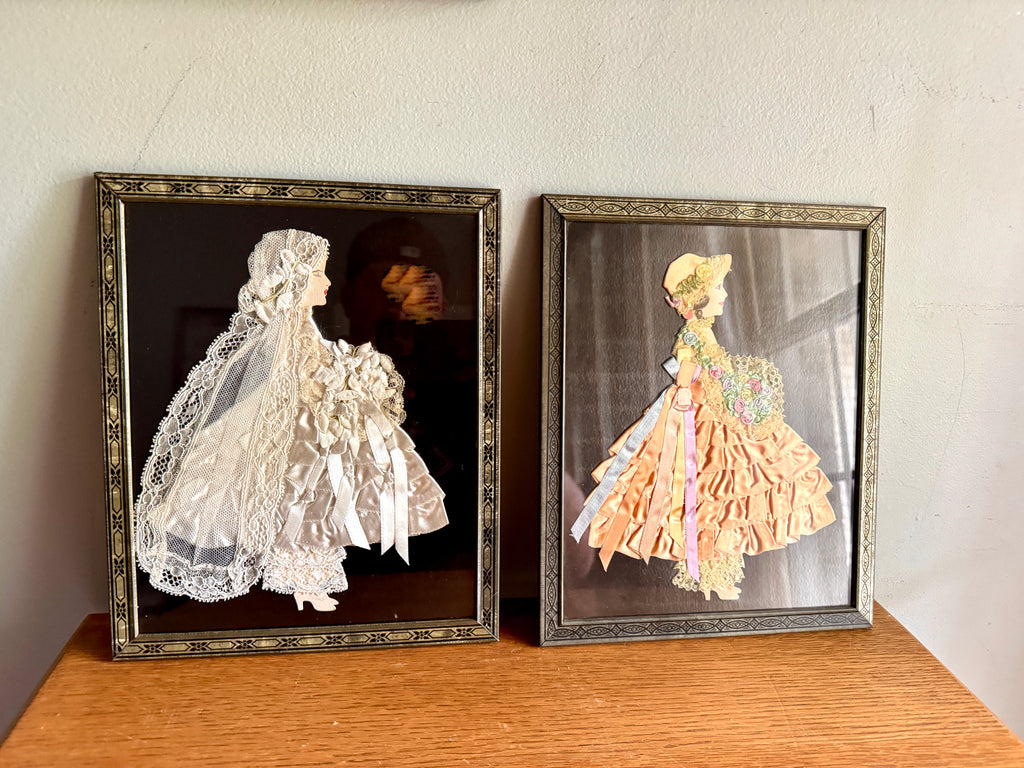 Pair of 1930s Art Deco Framed Ribbon Dolls ~ Framed Paper Dolls Satin Ribbon Dresses
