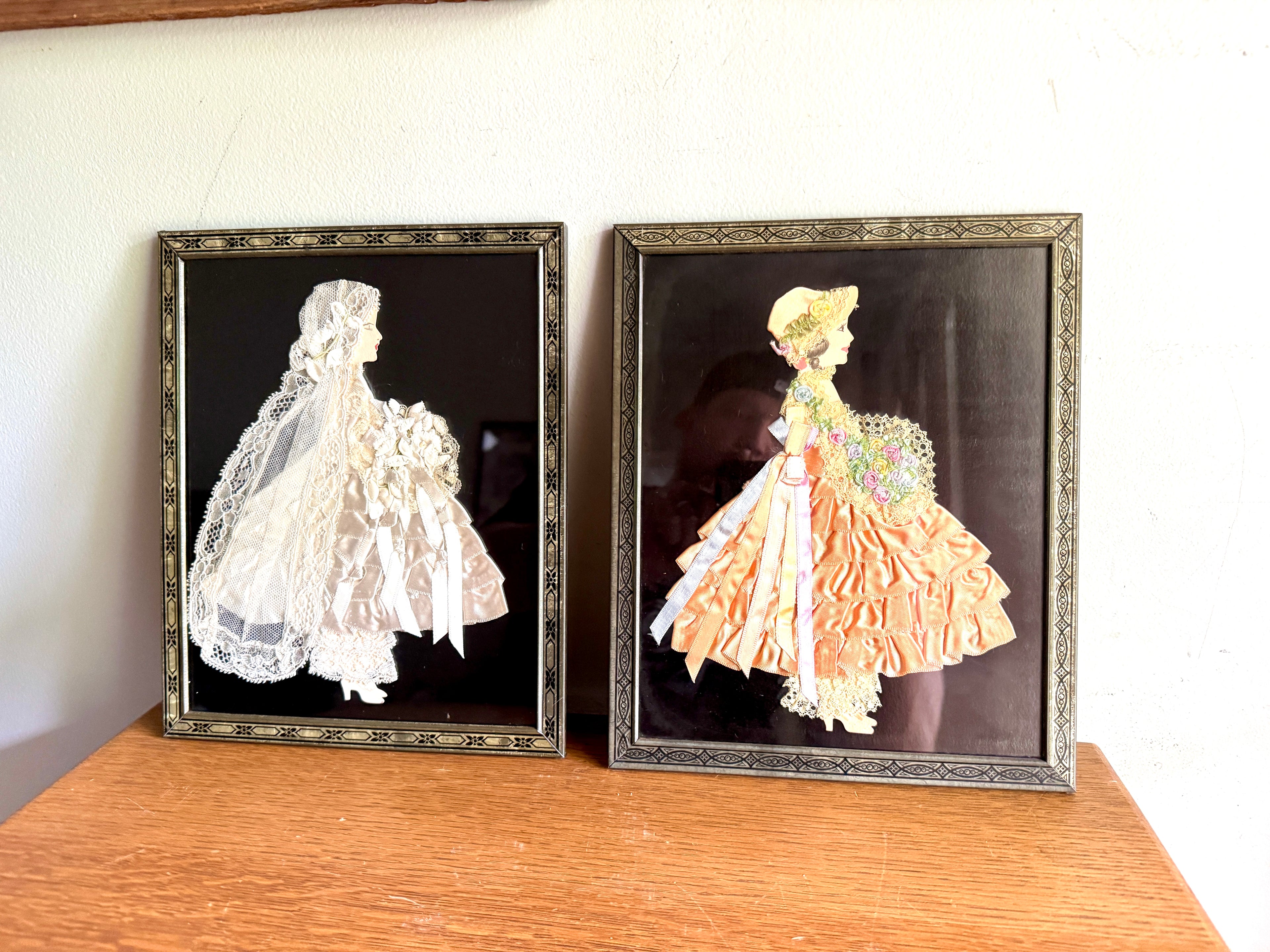 Pair of 1930s Art Deco Framed Ribbon Dolls ~ Framed Paper Dolls Satin Ribbon Dresses