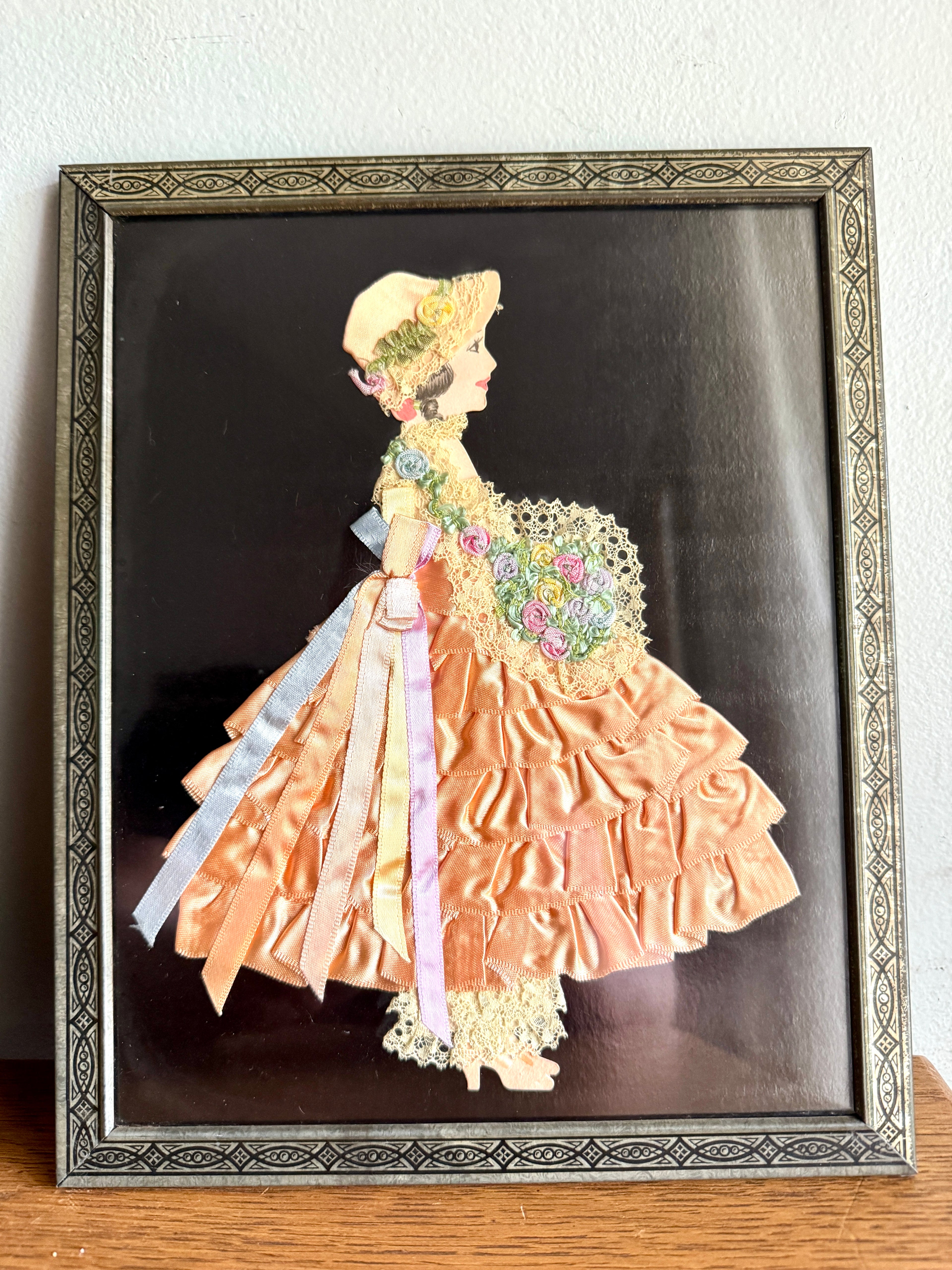 Pair of 1930s Art Deco Framed Ribbon Dolls ~ Framed Paper Dolls Satin Ribbon Dresses