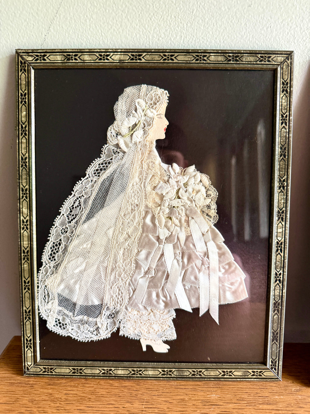 Pair of 1930s Art Deco Framed Ribbon Dolls ~ Framed Paper Dolls Satin Ribbon Dresses