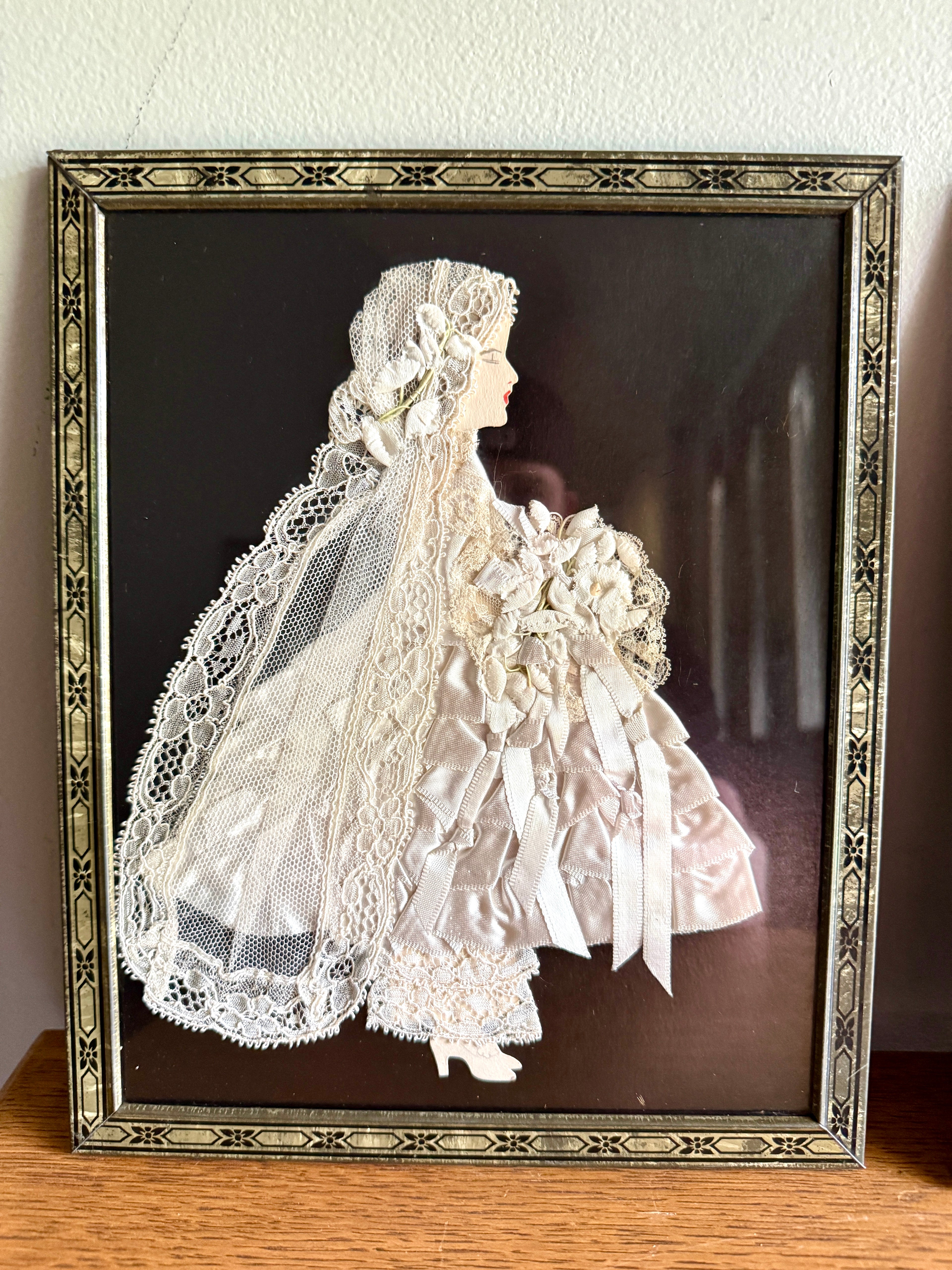 Pair of 1930s Art Deco Framed Ribbon Dolls ~ Framed Paper Dolls Satin Ribbon Dresses