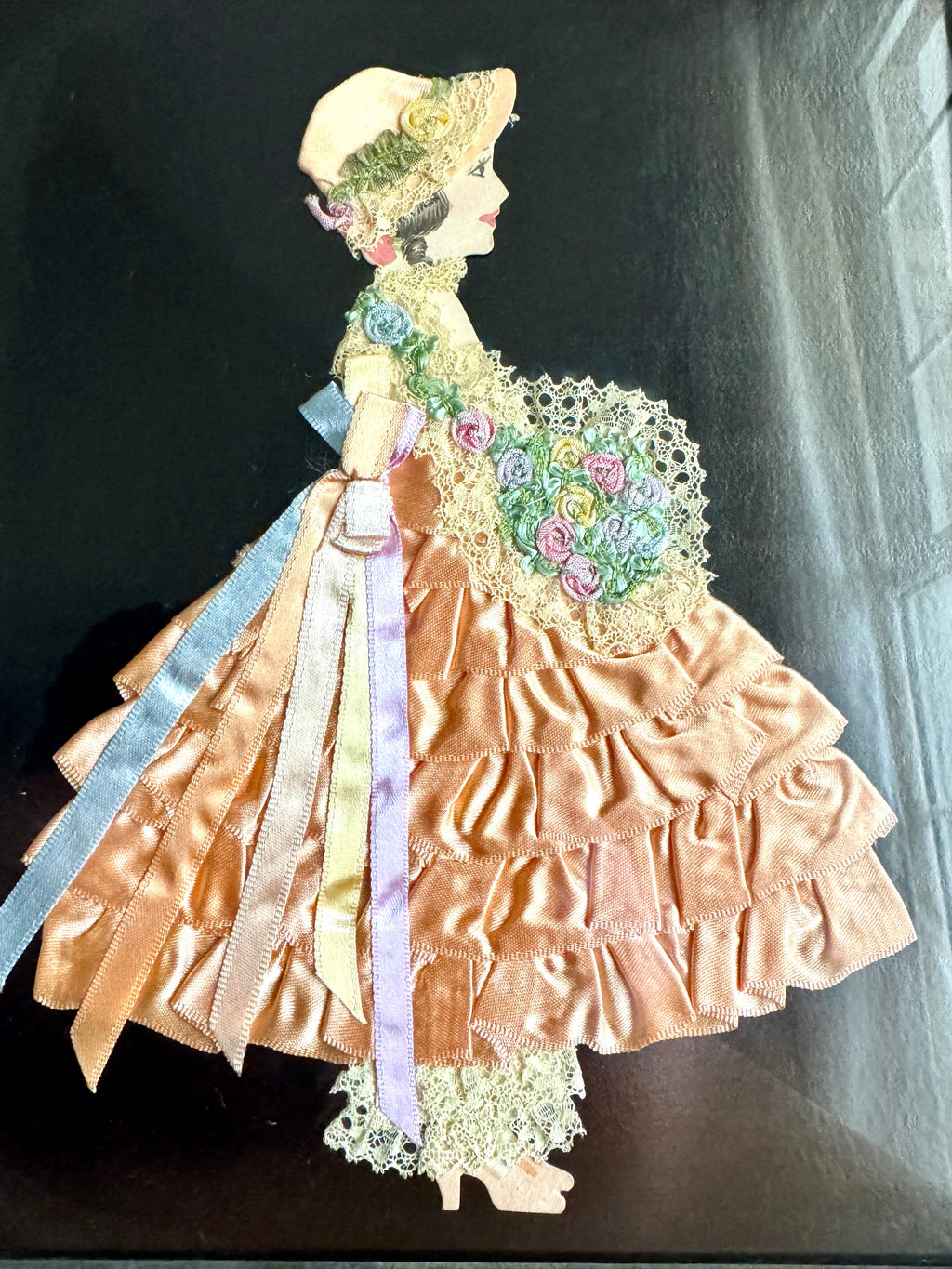 Pair of 1930s Art Deco Framed Ribbon Dolls ~ Framed Paper Dolls Satin Ribbon Dresses