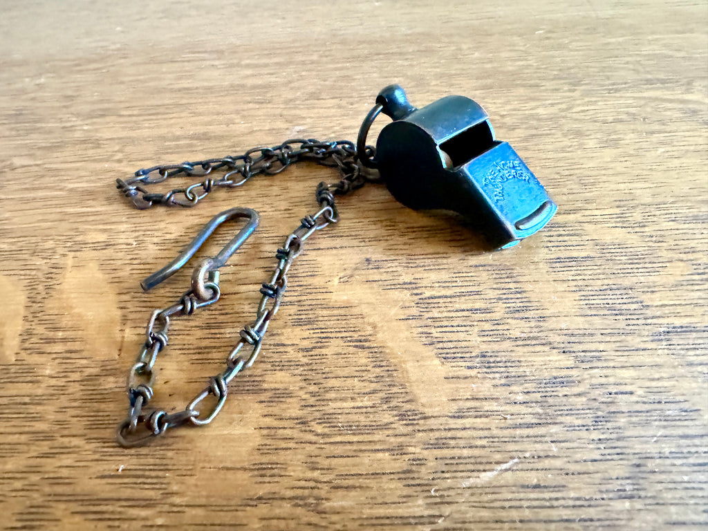 Antique The Acme Thunderer Whistle ~ Patented England Bronze Cork Ball Whistle