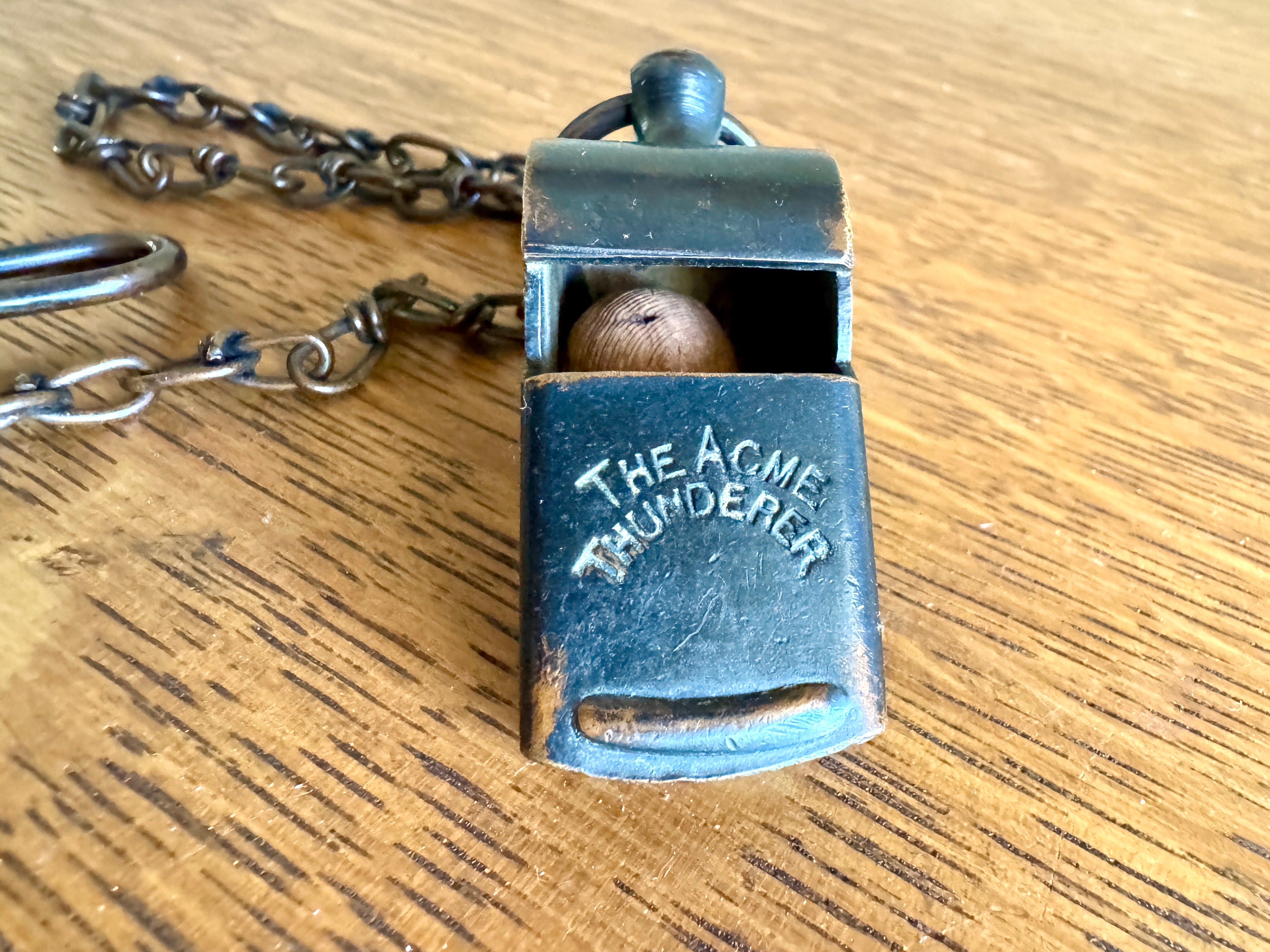 Antique The Acme Thunderer Whistle ~ Patented England Bronze Cork Ball Whistle