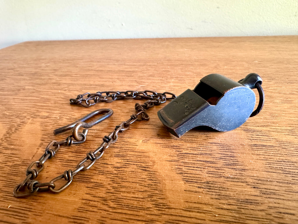 Antique The Acme Thunderer Whistle ~ Patented England Bronze Cork Ball Whistle